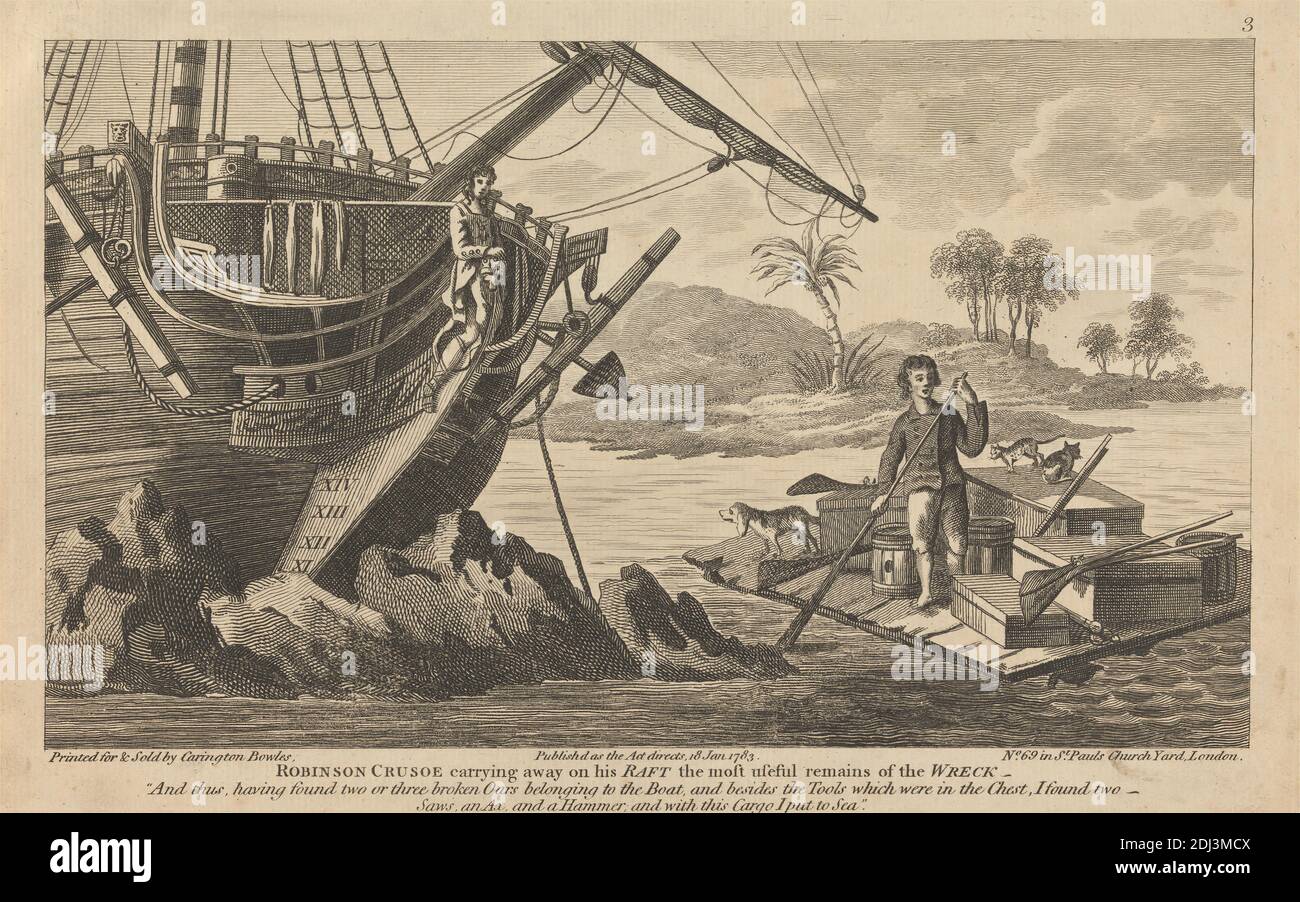 Douze illustrations de Robinson Crusoe, Carington Bowles, 1724–1793, British, 1783, plage, cargaison, chien (animal), thème littéraire, radeau, naufrage, tropiques Banque D'Images