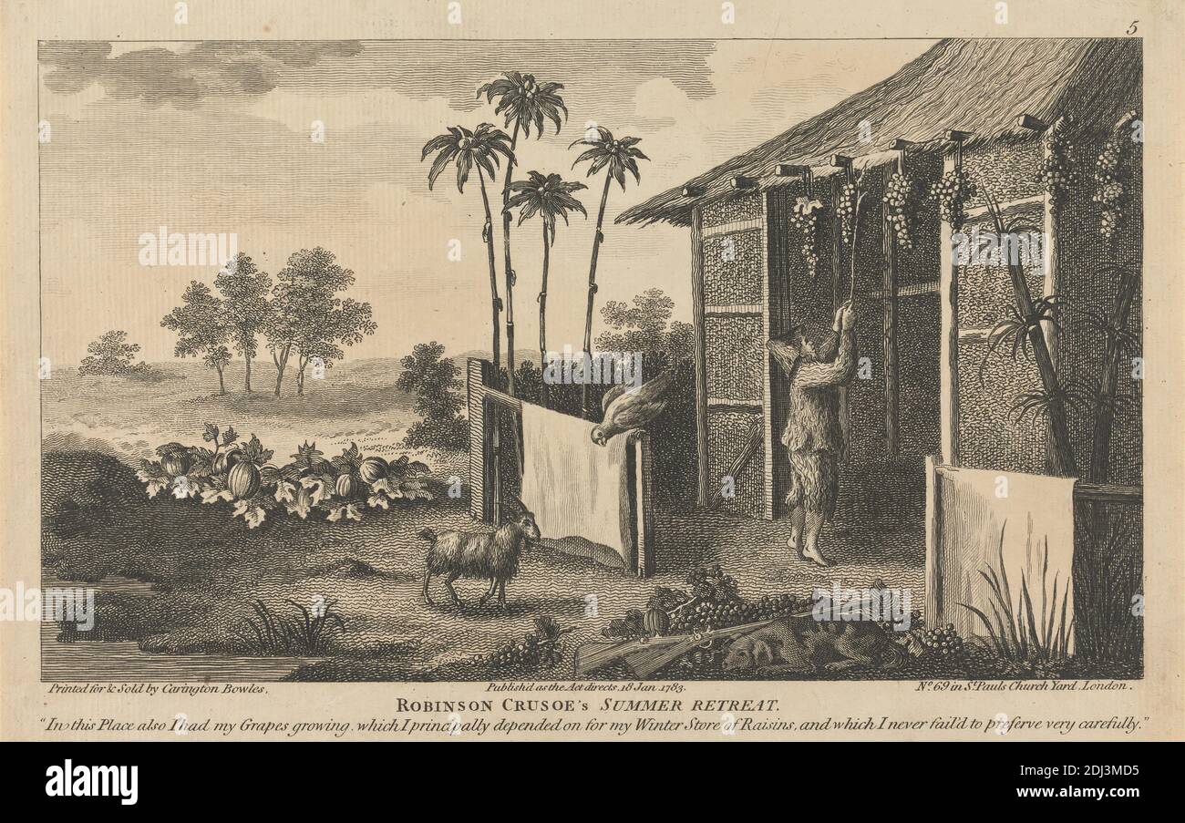 Douze illustrations de Robinson Crusoe, Carington Bowles, 1724–1793, British, 1783, plage, chien (animal), chèvre, raisin, cabane, thème littéraire, palmiers, tropiques Banque D'Images