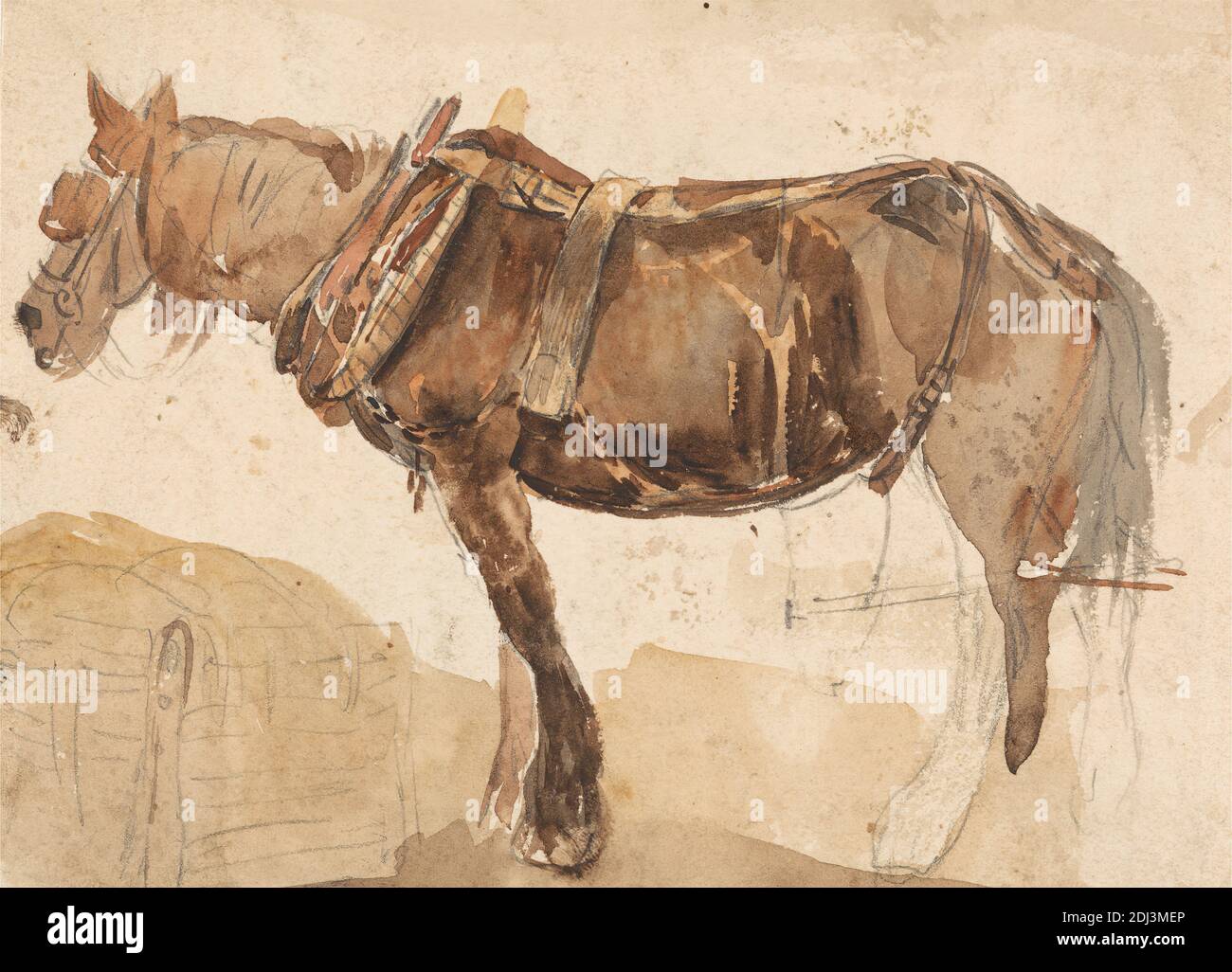 A Horse in Harness vu du côté proche, Thomas Sidney Cooper, 1803–1902, Britannique, non daté, aquarelle et graphite sur papier vélin moyen, modérément texturé, beige, feuille: 4 5/8 × 6 7/16 pouces (11.7 × 16.4 cm), bordure contemporaine dessinée: 6 × 7 11/16 pouces (15.2 × 19.5 cm), et montage: 8 × 9 9/16 pouces (20.3 × 24.3 cm), art des animaux Banque D'Images