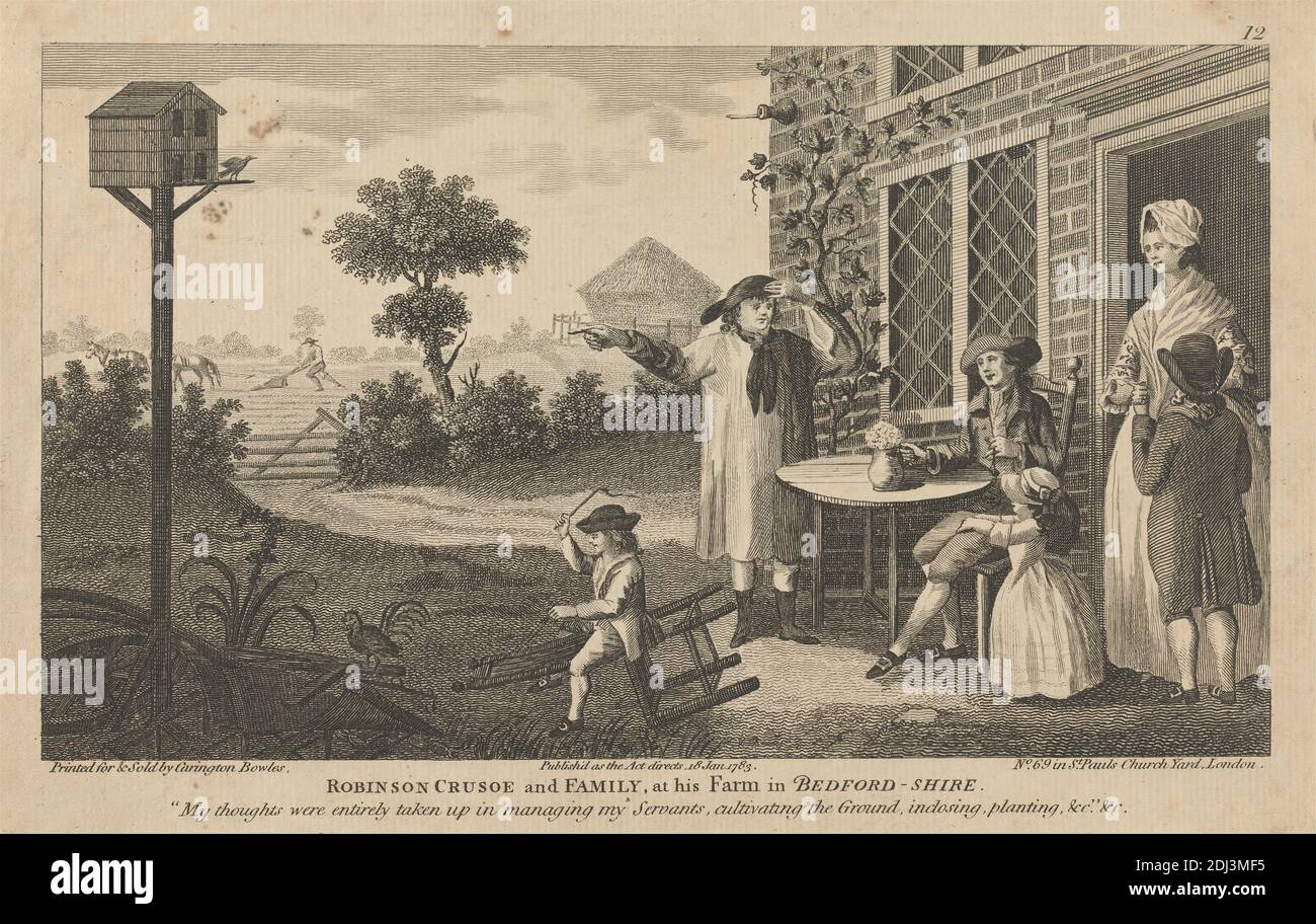 Douze illustrations de Robinson Crusoe, Carington Bowles, 1724–1793, British, 1783, birdhouse, enfants, chevaux (animaux), thème littéraire, plantation, épouse, Bedfordshire, Angleterre, Royaume-Uni Banque D'Images