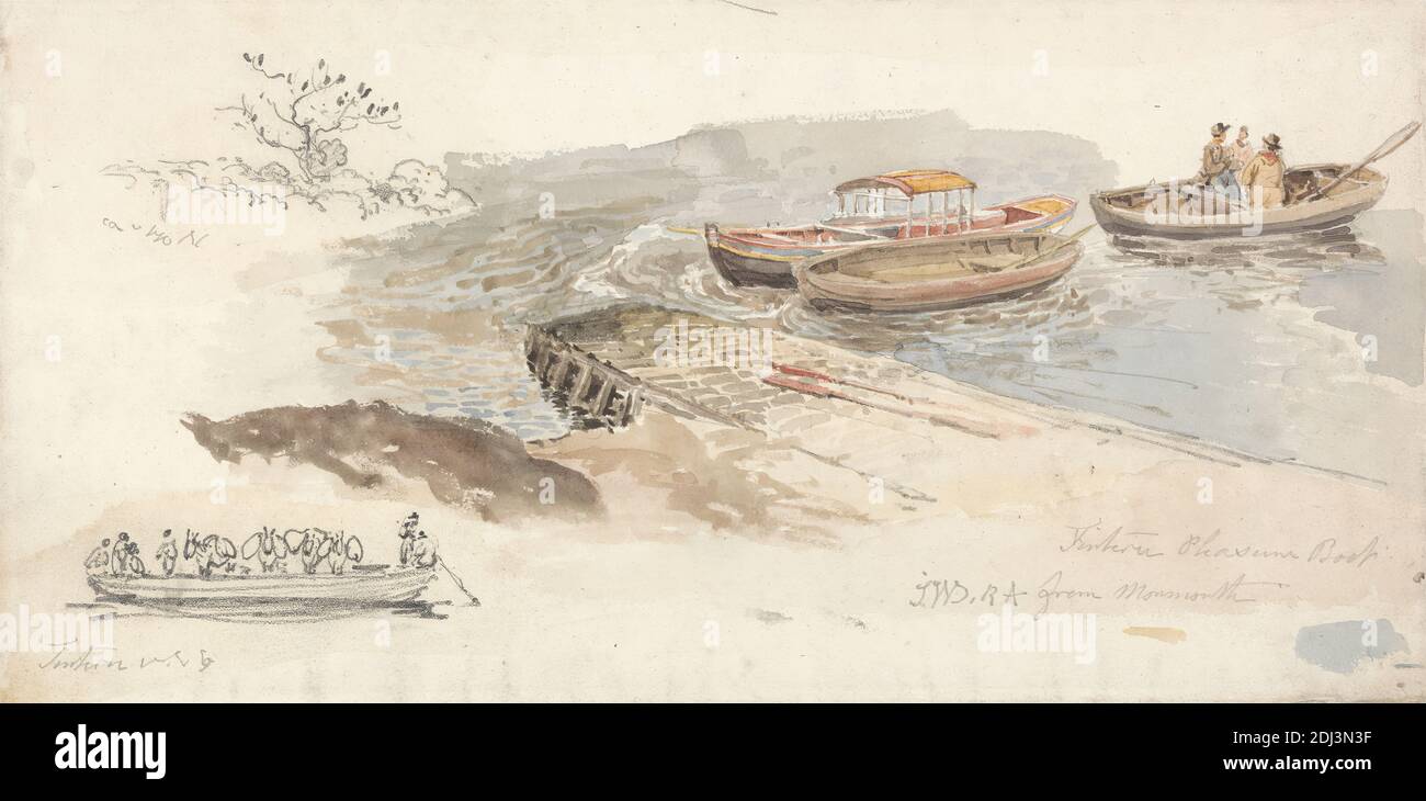 Un bateau à canoped et deux bateaux d'aviron à une jetée; Inset Left, une étude crayon du bateau-ferry de bétail de Tintern, James Ward, 1769–1859, British, non daté, aquarelle, avec stylo, en encre brune et graphite sur moyen, légèrement texturé, crème, papier vélin, feuille: 6 11/16 × 13 1/2 pouces (17 × 34.3 cm), bateau, ferry, jetée (travail de protection contre l'érosion), paysage Banque D'Images