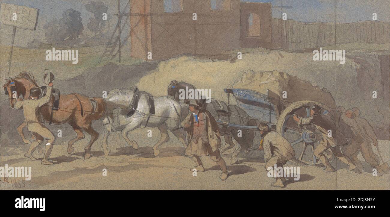 Une lutte avec une charge de Clay, James Abbott Pasquier, active 1851–1872, 1855, aquarelle, stylo et encre brune, graphite, et gouache sur papier vélin, moyen, légèrement texturé, brun, support: 8 3/8 × 13 1/2 pouces (21.3 × 34.3 cm), bordure contemporaine dessinée: 6 7/16 × 11 13/16 pouces (16.4 × 30 cm), et feuille : 5 3/16 × 10 7/16 pouces (13.2 × 26.5 cm), art des animaux Banque D'Images