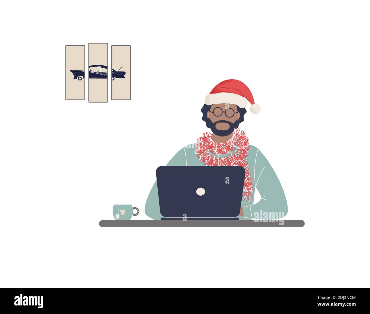 L'homme afro-américain tuteur dans le chapeau rouge du Père Noël travaillent sur ordinateur portable.travail à distance, e-learning à distance ou formation en ligne dans le cadre de Noël Banque D'Images