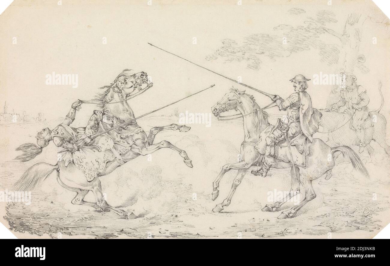 Chevalier tombant de son cheval à un Squire's Tilt, Henry Thomas Alken, 1785–1851, British, non daté, Graphite et craie rouge sur mince, lisse, bleuté blanc, papier vélin, feuille : 5 × 8 1/8 pouces (12.7 × 20.6 cm), chute, combat, genre sujet, cavaliers, équitation, chevaux (animaux), chevalier (propriétaire), hommes, élevage (cheval), art sportif, squire, arbre Banque D'Images