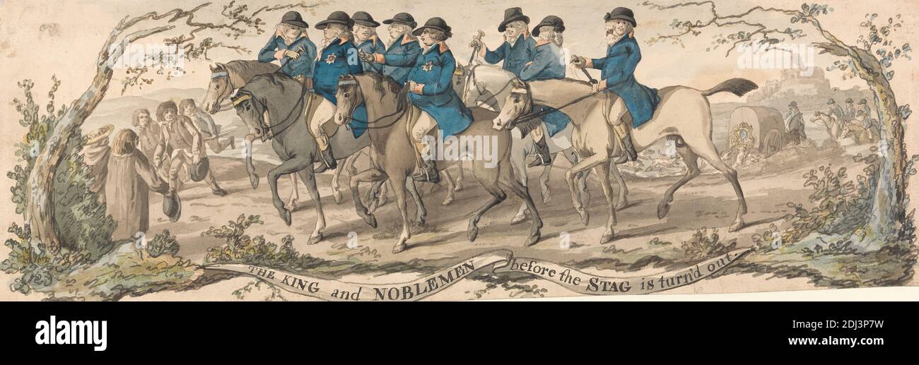 The King and Noblemen Before the Stag is Turn's Out', Robert Dighton, 1752–1814, British, non daté, aquarelle, stylo et encre noire, et encre grise sur papier moyen, légèrement texturé, crème, vélin, feuille: 4 1/4 × 13 1/2 pouces (10.8 × 34.3 cm), cavaliers, équitation, chevaux (animaux), chasse, chasseurs, chasse, roi (personne), hommes, nobles, gens, art sportif, cerf, arbres Banque D'Images