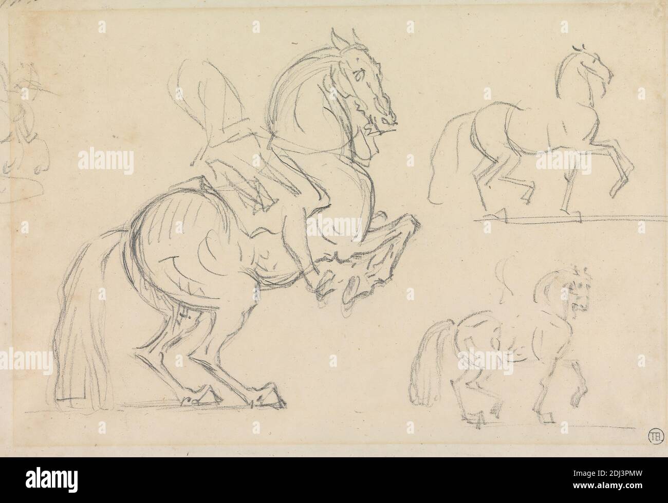 École chevaux: Trois études sur une page, James Seymour, 1702–1752, Britannique, non daté, Graphite sur moyen, légèrement texturé, crème, papier cousu, modérément épais, modérément texturé, beige, papier vélin, montage: 9 5/16 × 13 5/16 pouces (23.7 × 33.8 cm), bordure contemporaine dessinée: 7 5/16 × 10 5/16 pouces (18.6 × 26.2 cm), et feuille : 6 11/16 × 9 11/16 pouces (17 × 24.6 cm), art des animaux Banque D'Images