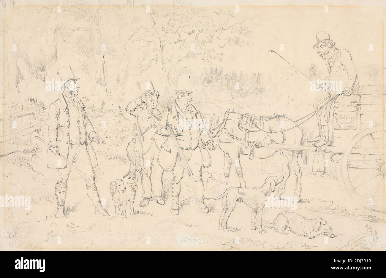 Anecdotes sportives : » croquis pour « The Sporting Butcher », Henry Thomas Alken, 1785–1851, britannique, non daté, Graphite sur moyen, légèrement texturé, crème, papier vélin, feuille : 8 1/2 × 13 1/16 pouces (21.6 × 33.2 cm), bouchers, chiens (animaux), conducteur, conduite, clôture, forêt, lièvres, cheval (animal), chiens de chasse, hommes, fusils de chasse, art sportif, arbres, wagon, fouet Banque D'Images