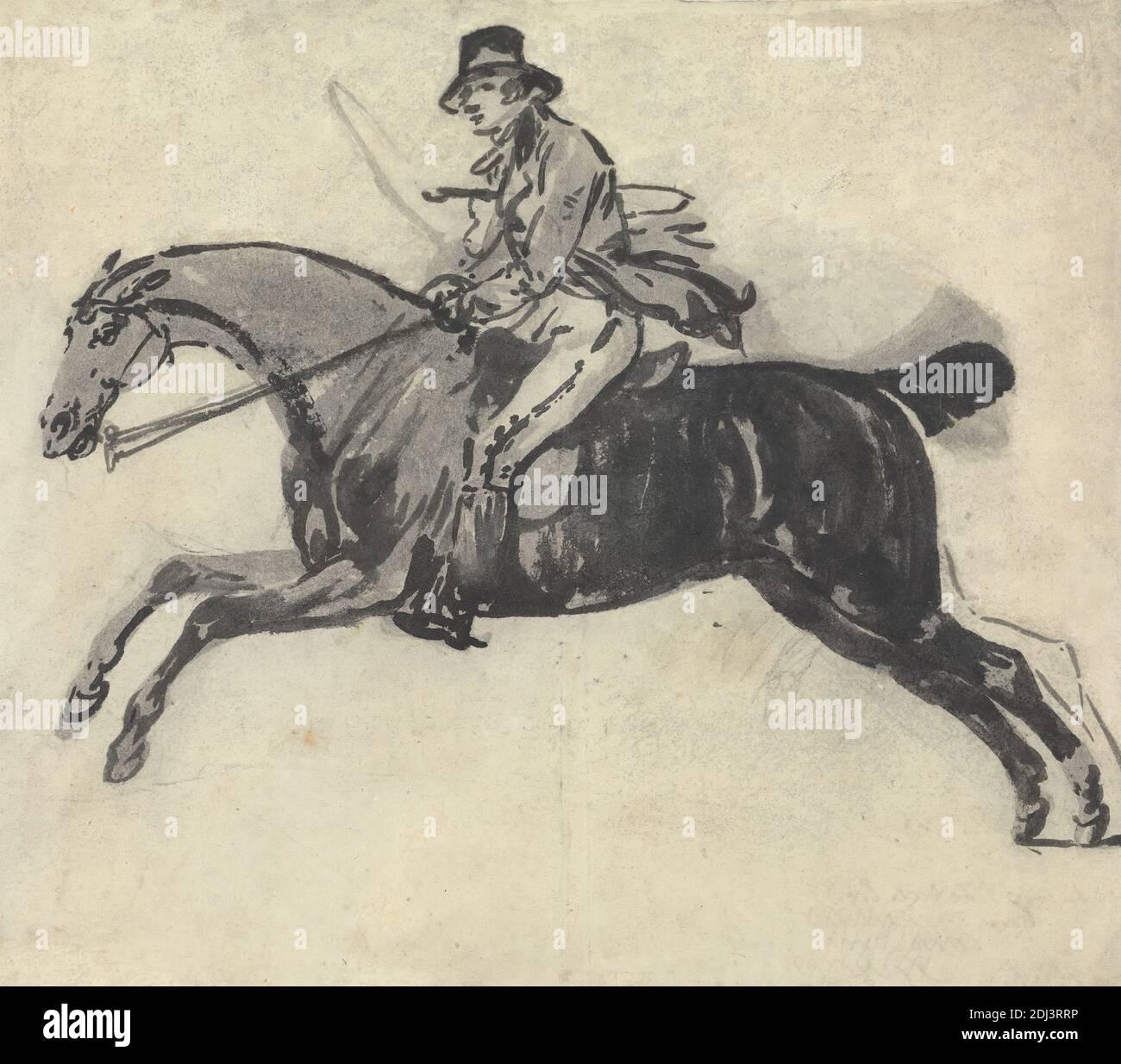 Rider galopant avec whip sous son bras, Julius Caesar Ibbetson, 1759–1817, British, non daté, lavage gris, lavage noir et graphite sur modérément épais, légèrement texturé, blanc bleuté, papier vélin, feuille: 8 1/2 × 9 5/8 pouces (21.6 × 24.4 cm), étude de figure, galoping, cheval (animal), cavaliers, équitation, art sportif, fouet Banque D'Images