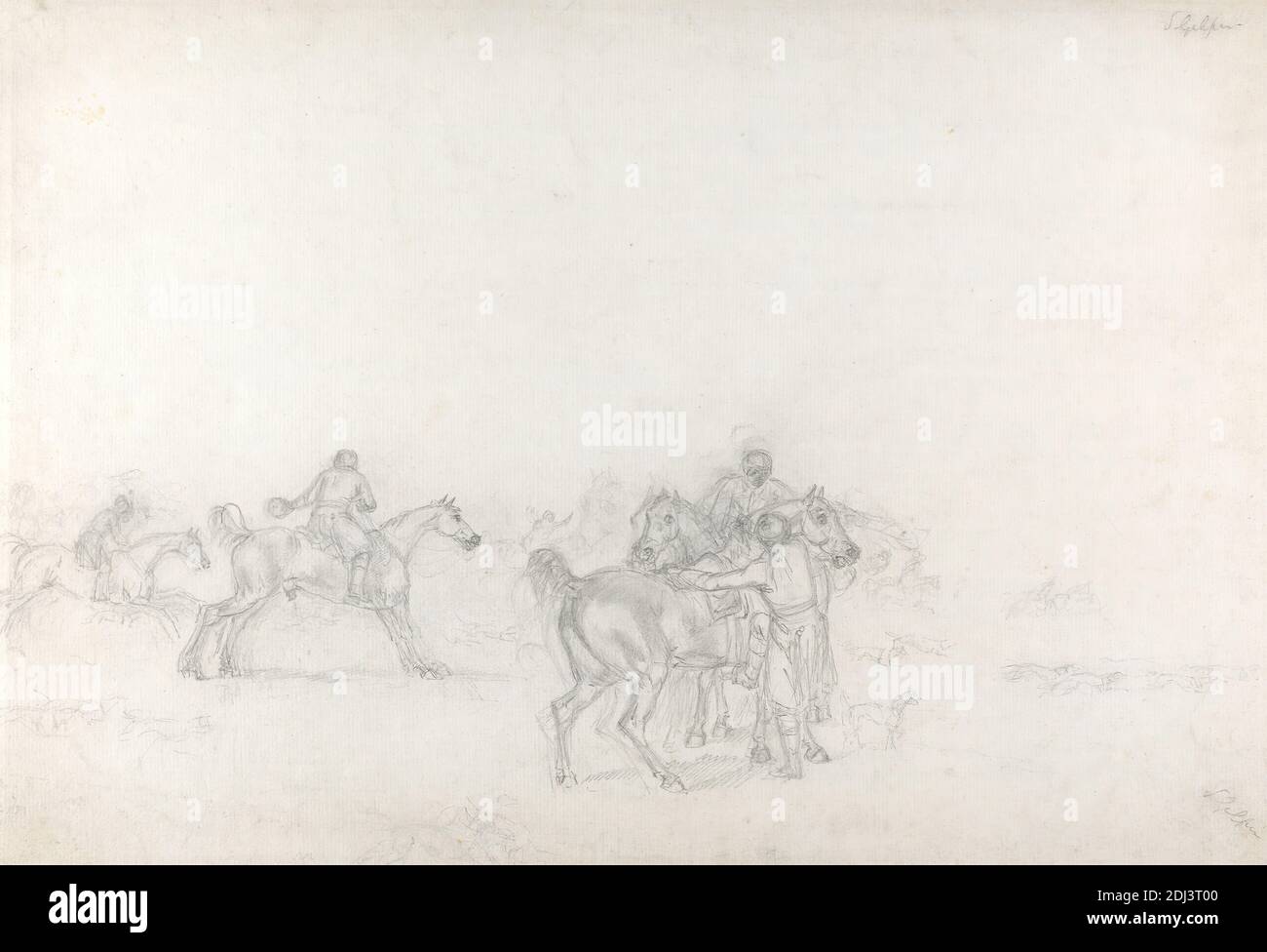 Foxchunting: The Start, avec Rider dans le premier plan de montage sur off-side, Sawrey Gilpin, 1733–1807, British, non daté, Graphite sur moyen, modérément texturé, blanc bleuté, papier coulé, feuille: 12 7/8 × 18 7/8 pouces (32.7 × 47.9 cm), chiens (animaux), chasse au renard, cavaliers, équitation, chevaux (animaux), chiens (chiens), chasse, chasseurs, chasse, hommes, art sportif Banque D'Images
