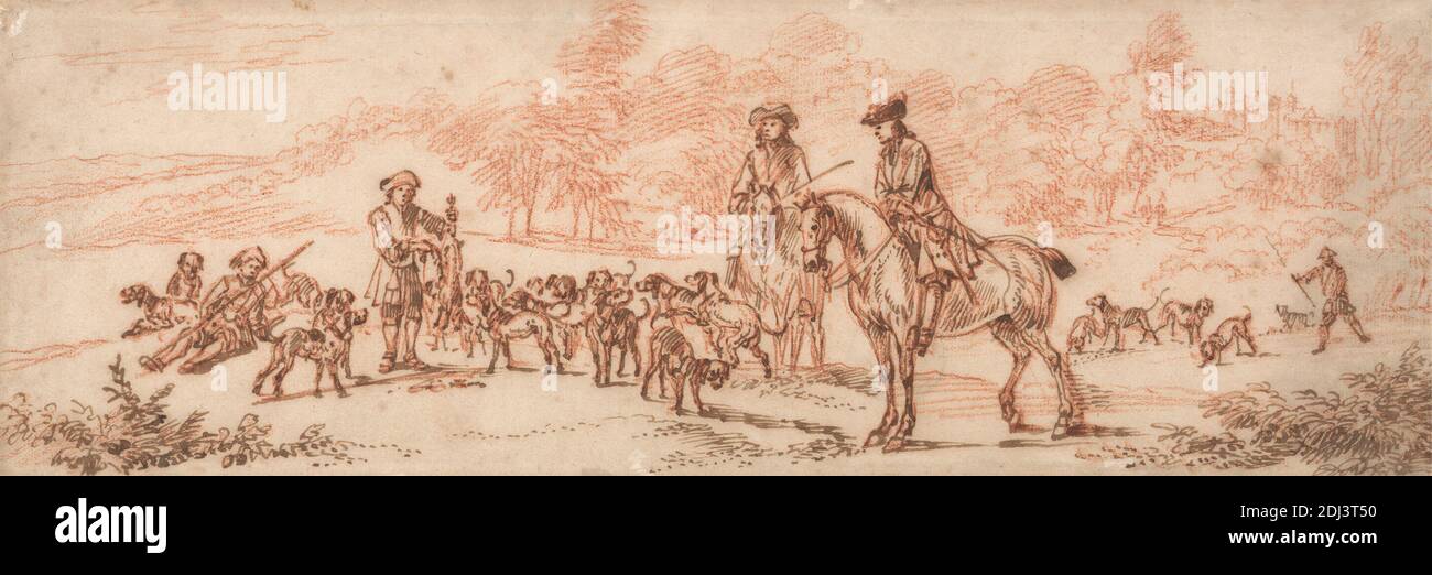 Chasse au lièvre : la mort, Jan Wyck, ca. 1645–1700, néerlandais, actif en Grande-Bretagne (de env. 1664), non daté, stylo, à l'encre brune, et craie rouge sur papier doux, beige, ponté, feuille: 3 7/8 × 11 9/16 pouces (9.8 × 29.4 cm), chiens (animaux), champ, forêt, lièvre, cavaliers, équitation, chevaux (animaux), chiens (chiens), chasseurs, chasse, paysage, hommes, art sportif, arbres Banque D'Images