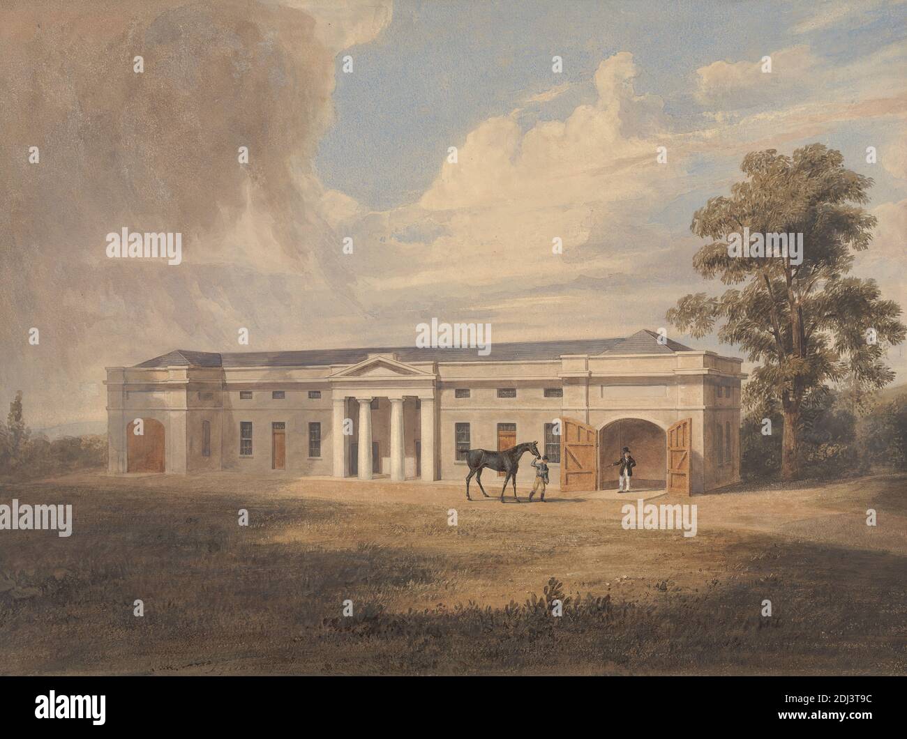 Homme à la tête d'un cheval devant un stable, éventuellement John West Giles, (record comme 'J Giles'), actif 1827–1865, 1827, aquarelle, avec stylo, en encre brune, graphite, et gomme arabique sur moyen, légèrement texturé, crème, papier vélin, monté sur, épais, brun, carte de vélin, feuille: 11 5/8 × 15 3/4 pouces (29.5 × 40 cm), sujet architectural Banque D'Images