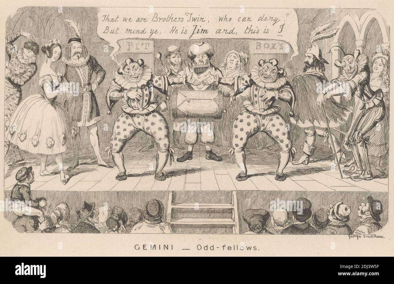 Gemini - Oddd-Fellows, imprimé par George Cruikshank, 1792–1878, British, non daté, gravure à l'arrachage et à l'crépi sur papier beige légèrement épais, feuille: 4 1/4 x 6 11/16 pouces (10.8 x 17 cm) et image: 3 1/4 x 5 1/2 pouces (8.2 x 14 cm), public, cirque, clowns, costume, Gémeaux, genre sujet, illustration, échelle, musique, scène, jumeaux Banque D'Images