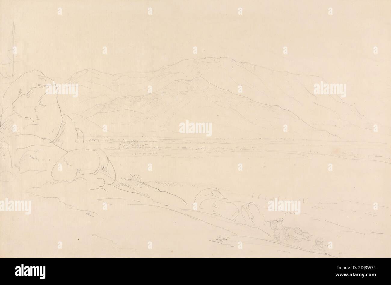 Paysage, Thomas Daniell, 1749–1840, britannique, actif en Inde, William Daniell, 1769–1837, britannique, non daté, Graphite sur moyen, légèrement texturé, bleuté blanc, papier coulé; monté sur, modérément épais, légèrement texturé, crème, papier vélin, feuille: 14 1/4 x 21 1/2 pouces (36.2 x 54.6 cm), bordure contemporaine dessinée: 14 15/16 × 22 3/16 pouces (37.9 × 56.4 cm), et montage : 15 1/2 × 23 1/4 pouces (39.4 × 59.1 cm), collines, paysage, montagnes, rochers (formes terrestres Banque D'Images