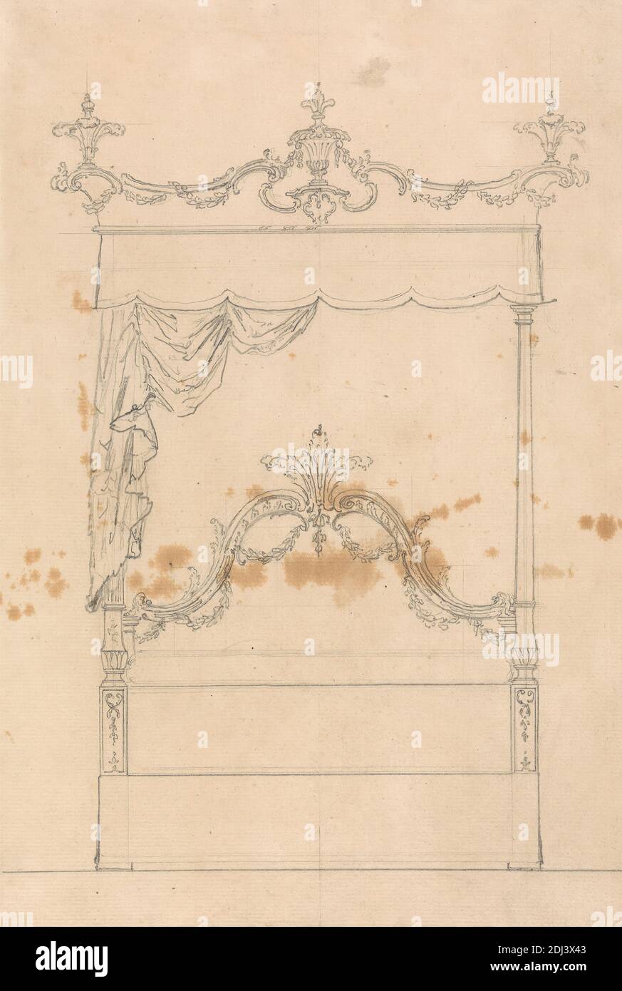 Design pour un lit, artiste inconnu, non daté, Graphite sur deux feuilles de papier légèrement texturé, modérément épais, crème, feuille: 13 × 8 1/2 pouces (33 × 21.6 cm), sujet architectural, lit, design, mobilier, rococo Banque D'Images