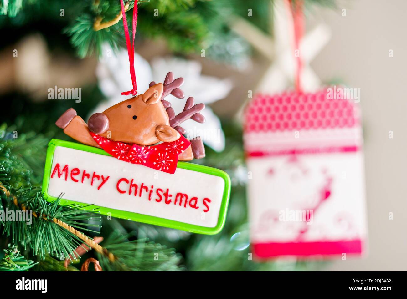 Wapiti drôle avec foulard rouge avec assiette de joyeux Noël, décoration de Noël. Copier l'espace sur la droite Banque D'Images