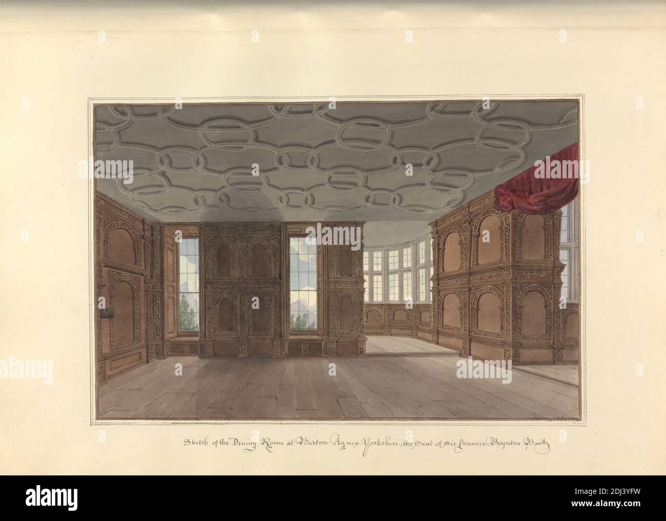 Croquis de la salle à manger à Burton Agnes; Yorkshire, le siège de Sir Francis Boynton Bart., John Buckler FSA, 1770–1851, British, et John Chessell Buckler, 1793–1894, British, 1819, aquarelle et stylo et encre noire sur papier vélin crème moyennement épais, feuille : 14 × 19 3/4 pouces (35.6 × 50.2 cm) et image: 9 1/4 × 14 1/8 pouces (23.5 × 35.9 cm), sujet architectural, baie vitrée, maison de campagne, salle à manger, élisabéthain, meneaux, muntins, strap, fenêtres, Burton Agnes, Burton Agnes Hall, Angleterre, Europe, Royaume-Uni Banque D'Images
