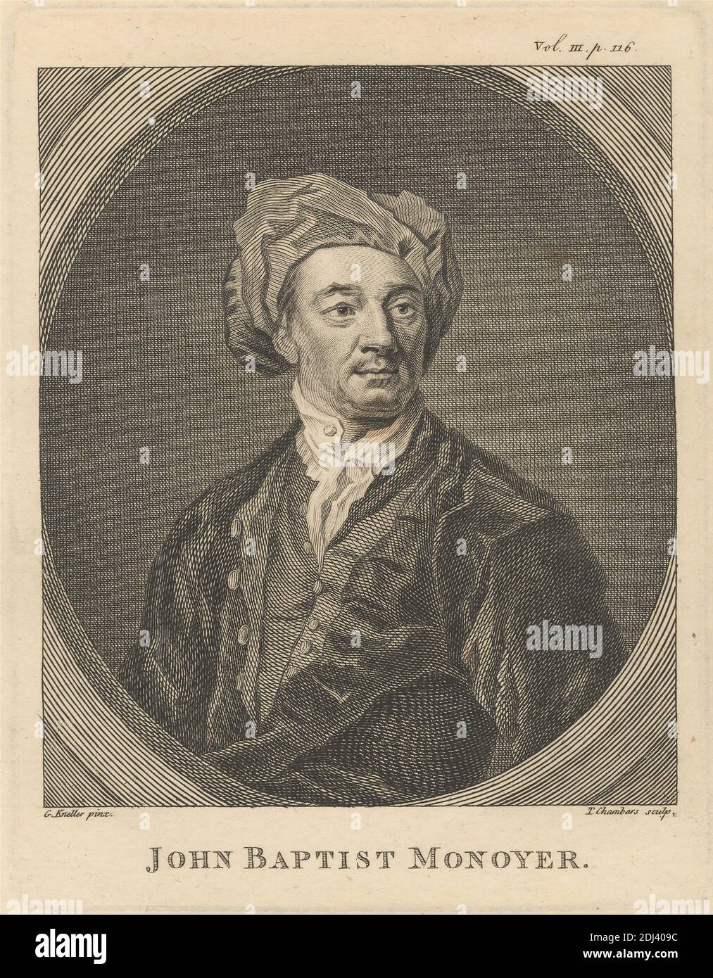 John Baptiste Monnoyer, imprimé par Thomas Chambars, ca. 1724–1789, britannique, d'après Sir Godfrey Kneller, 1646–1723, allemand, actif en Grande-Bretagne (à partir de 1676), non daté, gravé sur du papier doux légèrement épais et beige, feuille: 8 13/16 x 7 1/16 pouces (22.4 x 18 cm), plaque: 6 3/4 x 5 5/16 pouces (17.2 x 13.5 cm), et image: 5 9/16 x 4 3/4 pouces (14.1 x 12.1 cm), blouse, boutons, manteau, regard, homme, nez, ovale, portrait, pose, turban, gilet Banque D'Images