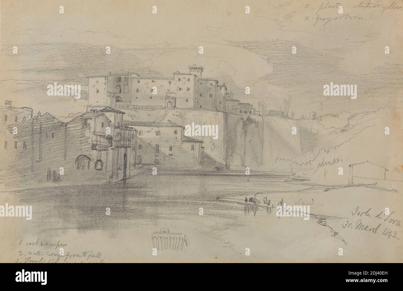 Isola di Sora, 31 mars 1842, Edward Lear, 1812–1888, British, 1842, Graphite avec trébuchement sur du papier gris légèrement épais, modérément texturé, feuille: 6 5/8 x 10 1/8 pouces (16.8 x 25.7 cm), sujet architectural, bâtiments, paysage urbain, village, eau, fenêtres, Abruzzi, Italie Banque D'Images