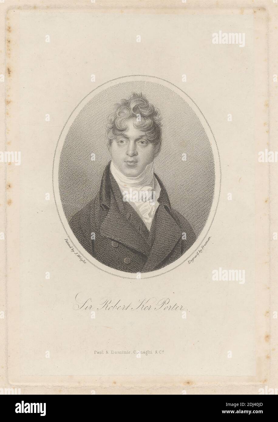 Sir Robert Ker porter, imprimé par Samuel Freeman, 1773–1857, British, d'après John Wright, actif 1812, publié par Paul et Dominic Colnaghi & Co, fondé en 1760, actif ca. 1785–1911, italien, actif en Grande-Bretagne, non daté, gravure et gravure en créplet sur du papier à feuilles épaisses, légèrement texturées, crème avec du colé de chine crème, feuille: 11 7/8 x 8 5/8 pouces (30.1 x 21.9 cm), plaque: 6 9/16 x 4 1/2 pouces (16.6 x 11.5 cm), feuille: 6 1/4 x 4 1/8 pouces (15.8 x 10.4 cm), et image : 3 9/16 x 2 15/16 pouces (9 x 7.4 cm), collier, cravat, boucles, diplomate, regard, peintre, portrait, pose, écrivain Banque D'Images