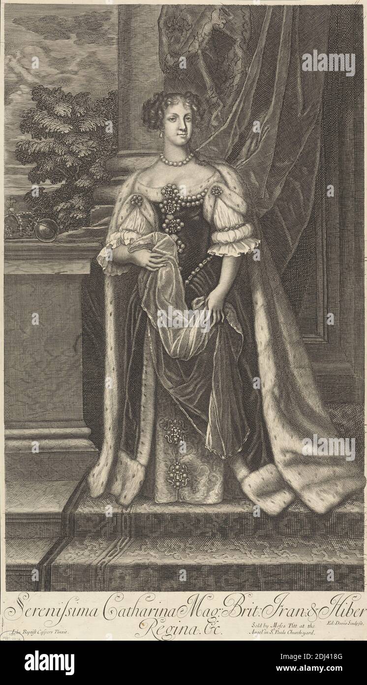 Catherine de Braganza, imprimé par Edward le Davis, actif 1671–1691, britannique, après Jan Baptist Gaspars, 1620?–1691, flamand, publié par Moses Pitt, 1639–1697, britannique, 1682, gravure et gravure en ligne sur papier légèrement épais, légèrement texturé, beige, feuille: 18 7/8 × 10 13/16 pouces (47.9 × 27.4 cm) et image: 17 3/16 × 10 1/2 pouces (43.7 × 26.7 cm), brocart, broches, colonne (élément architectural), couronne (symbole de souveraineté), draperies, hermine, regard, bijoux, dentelle, manteau, monarque, collier, orbes, perles, portrait, pose, reine (personne), robe, règle, ciel, escaliers, tapisserie Banque D'Images
