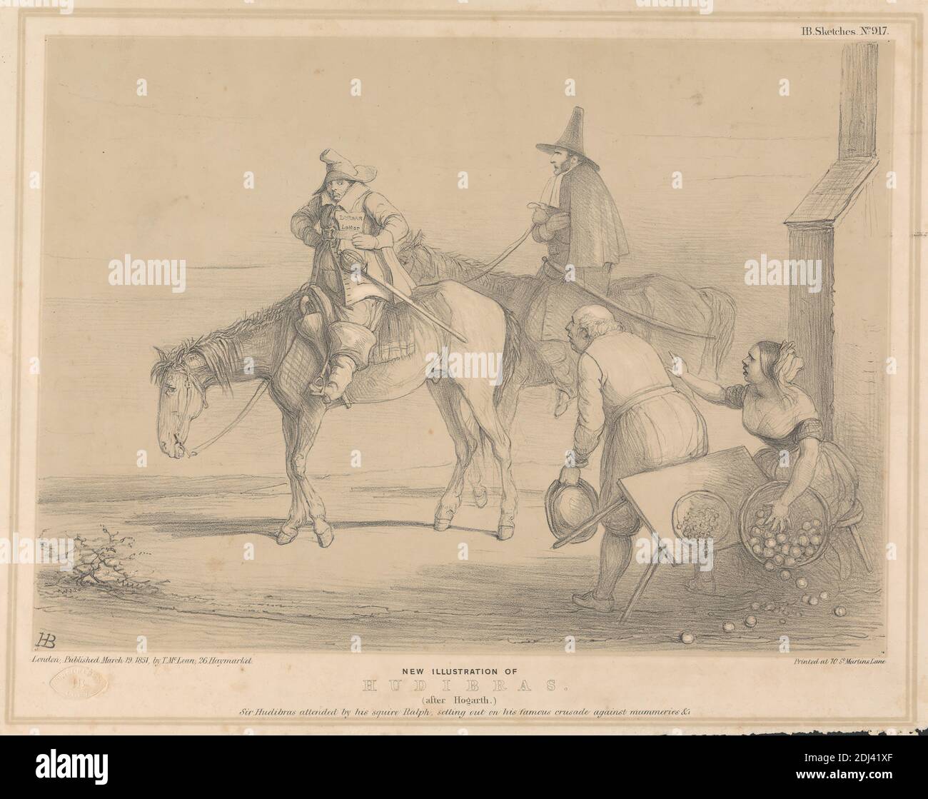 Nouvelle illustration de Hudibras, imprimé par John Doyle ('H.B.'), 1797–1868, irlandais, 1851, lithographie à l'encre marron et noire sur papier à feuilles de bois beige légèrement épais, lisse, feuille: 11 3/4 x 17 1/4 pouces (29.8 x 43.8 cm) et image: 9 11/16 x 13 5/16 pouces (24.6 x 33.8 cm), bottes, corbeing, capes, crash, croisades, chute, genre sujet, chapeaux, chevaux (animaux), Hudibras (poème, 1663) de Samuel Butler (1613-1680), humour, illustration, lettre (correspondance), hommes, obèses, parodie, paysans, politiques, politiciens, équitation, satire, table, mots satires, femme, squires, femme, croquis, squiricaux, femme Banque D'Images
