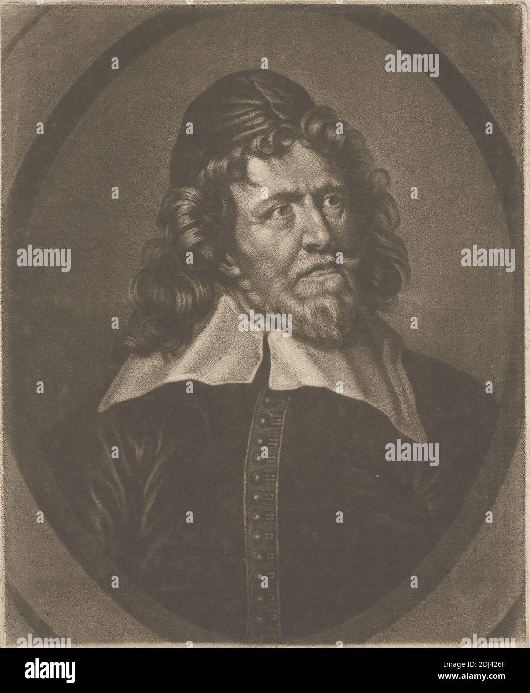 Inigo Jones, Valentine Green, 1739–1813, britannique, d'après Sir Anthony Van Dyck, 1599–1641, flamand, actif en Grande-Bretagne (1620–21; 1632–34; 1635–41), artiste inconnu, après artiste inconnu, 1775, Mezzotint sur papier crème, moyennement texturé, feuille: 6 1/8 × 5 1/16 pouces (15.6 × 12.9 cm) et image: 6 × 4 7/8 pouces (15.2 × 12.4 cm), barbe, collier, homme, ovale, portrait, tête de gondole Banque D'Images