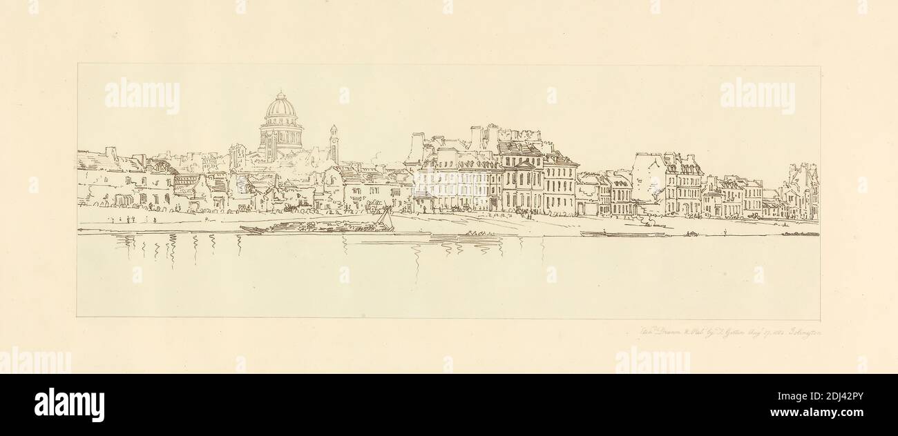 Vue du Panthéon prise de l'Arsenal, Thomas Girtin, 1775–1802, British, After Thomas Girtin, 1775–1802, British, 1802, Contour gravé à la masse douce sur papier vélin crème modérément épais, légèrement texturé, feuille: 18 1/4 x 26 pouces (46.4 x 66 cm), plaque: 8 7/8 x 21 1/4 pouces (22.5 x 54 cm), et image : 5 15/16 x 17 3/8 pouces (15.1 x 44.1 cm), sujet architectural, bassin de l'Arsenal, Europe, France, Panthéon, Paris, Seine, ville de Paris, Département de, Île-de-France Banque D'Images