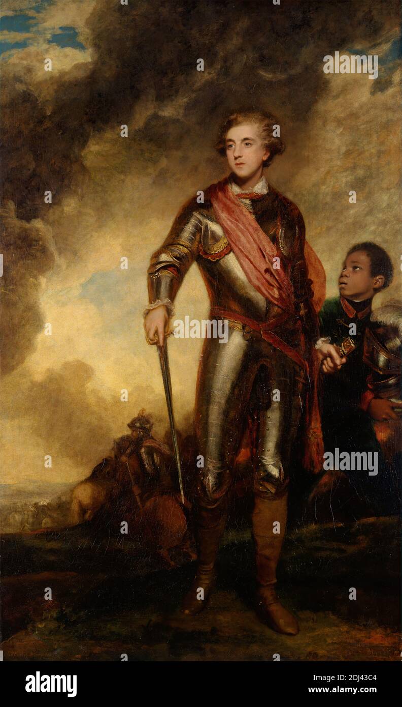 Charles Stanhope, troisième comte de Harrington, et un serviteur, Sir Joshua Reynolds RA, 1723–1792, britannique, 1782, huile sur toile, support (PTG): 93 x 56 pouces (236.2 x 142.2 cm), armure, bataille, garçon, nuages, colonel, costume, comte, casque, lumière, homme, portrait, serviteur, brillance, ciel, guerre Banque D'Images