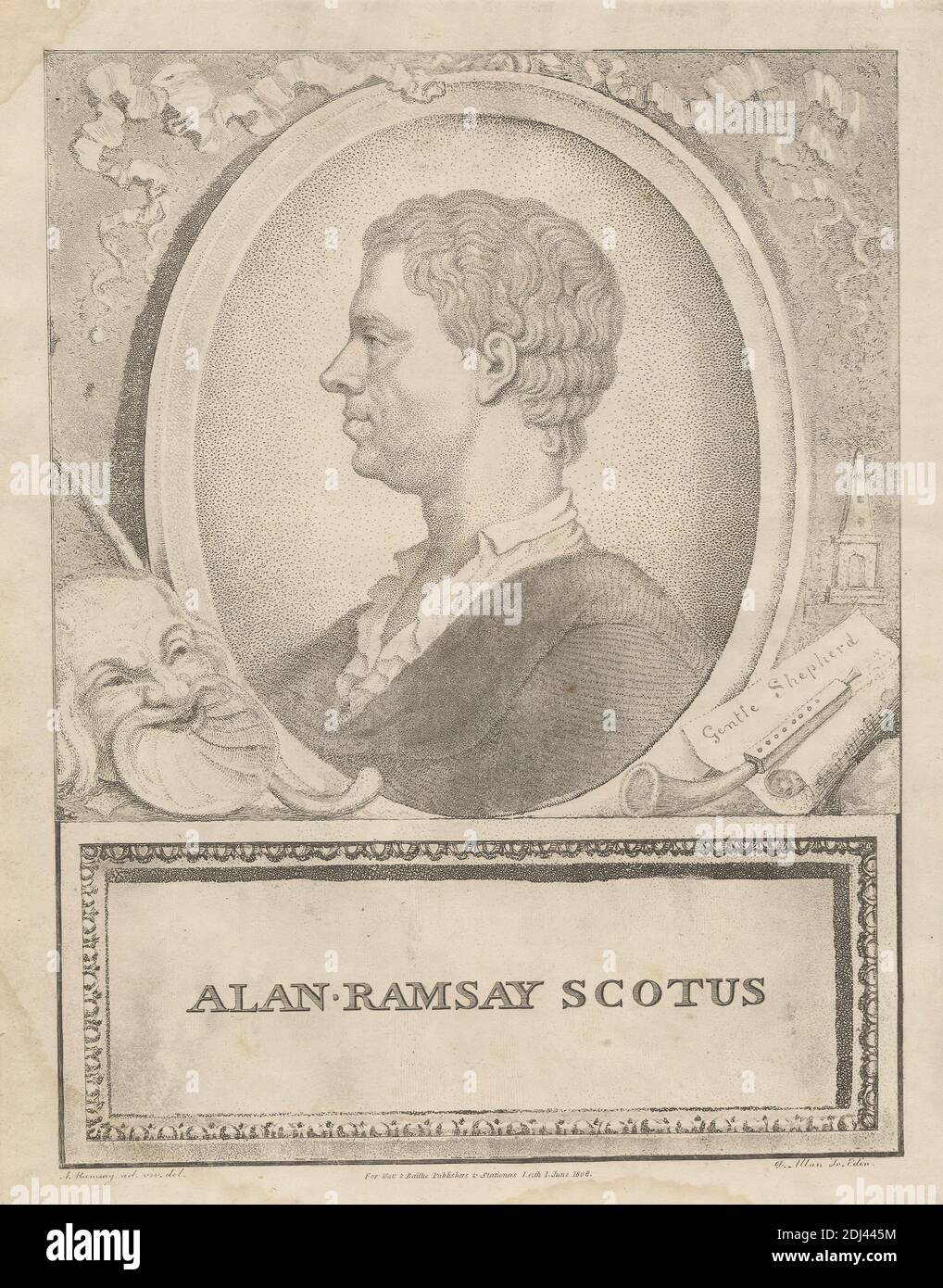 Alan Ramsay Scotus, imprimé par David Allan, 1744–1796, britannique, né en Écosse, d'après Allan Ramsay, 1686–1758, britannique, publié par Watt & Baillie, active 1808, britannique, 1808, Aquatint, gravure à l'aide de crépons et gravure sur papier vélin crème modérément épais, légèrement texturé, feuille : 11 1/8 x 8 7/8 pouces (28.3 x 22.5 cm), plaque : 10 1/16 x 7 13/16 pouces (25.6 x 19.9 cm) et image : 9 1/8 x 6 15/16 pouces (23.2 x 17.6 cm), buste, col, cadre (ameublement), frontispice (illustration), cornes, illustration, homme, masque, poème, portrait, profil, rubans, rouleau (motif), autoportrait, feuille Banque D'Images