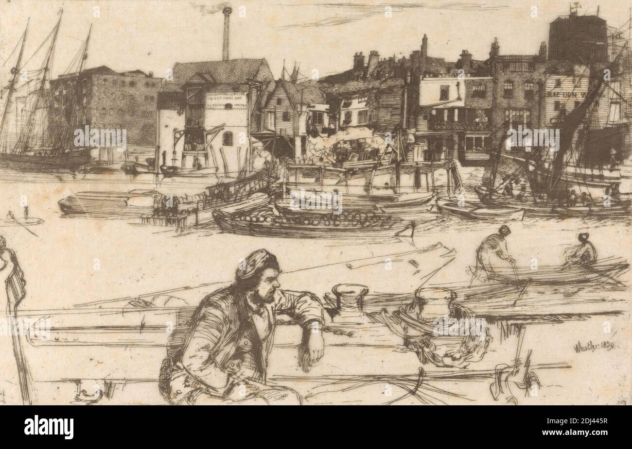 Black Lion Wharf, imprimé par James McNeill Whistler, 1834–1903, cuisine américaine, active en Grande-Bretagne (à partir de 1859), 1859, décapage et point sec sur du papier de Chine fin, légèrement texturé, beige, feuille : 9 1/8 x 14 pouces (23.1 x 35.5 cm) et image : 6 3/8 x 10 pouces (16.2 x 25.4 cm), sujet architectural, barges, bateaux, bâtiments, cap, chaîne, cheminée, paysage urbain, commerce, destruction, quai, genre, veste, échelle, mâts, hommes, arres, gréement, rivière, voiles, marins, enseignes, entrepôts, weathervane, quai, Black Lion Wharf, Angleterre, Grand Londres, Tour des Hamlets, United Isle of Dogs, Thames, London, London, Thames, London Banque D'Images