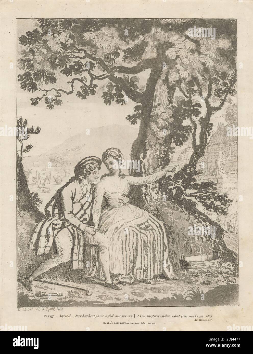 Peggy et Patie, imprimé par David Allan, 1744–1796, britannique, né en Écosse, d'après David Allan, 1744–1796, britannique, né en Écosse, publié par Watt & Baillie, active 1808, britannique, 1808, Etching et aquatint sur papier à feuilles de vélin crème modérément épais, légèrement texturé, feuille : 11 1/8 x 8 7/8 pouces (28.3 x 22.6 cm), plaque : 10 1/4 x 7 7/8 pouces (26 x 20 cm) et image : 8 13/16 x 6 3/4 pouces (22.4 x 17.2 cm), culottes, canne, bétail, cheminée, manteau, costume, chalet, couple, dôme, robe, clôture, fichu, genre sujet, geste, collines, cheval (animal), illustration, mouchoir, paysage, amoureux Banque D'Images