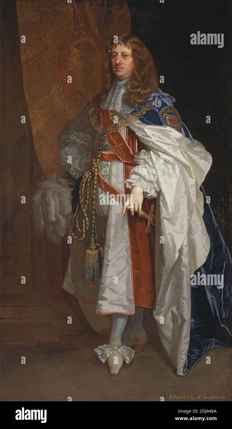 Edward Montagu, premier comte de Sandwich, Sir Peter Lely, 1618–1680, néerlandais, actif en Angleterre (de 1643), 1660 à 1665, huile sur toile, support (PTG) : 87 7/8 x 51 1/2 pouces (223.2 x 130.8 cm), culottes, manteau, costume, costume, doublet, comte, plumes, intérieur, Chevalier du Garter, homme, portrait, épée, pampille, gilet Banque D'Images