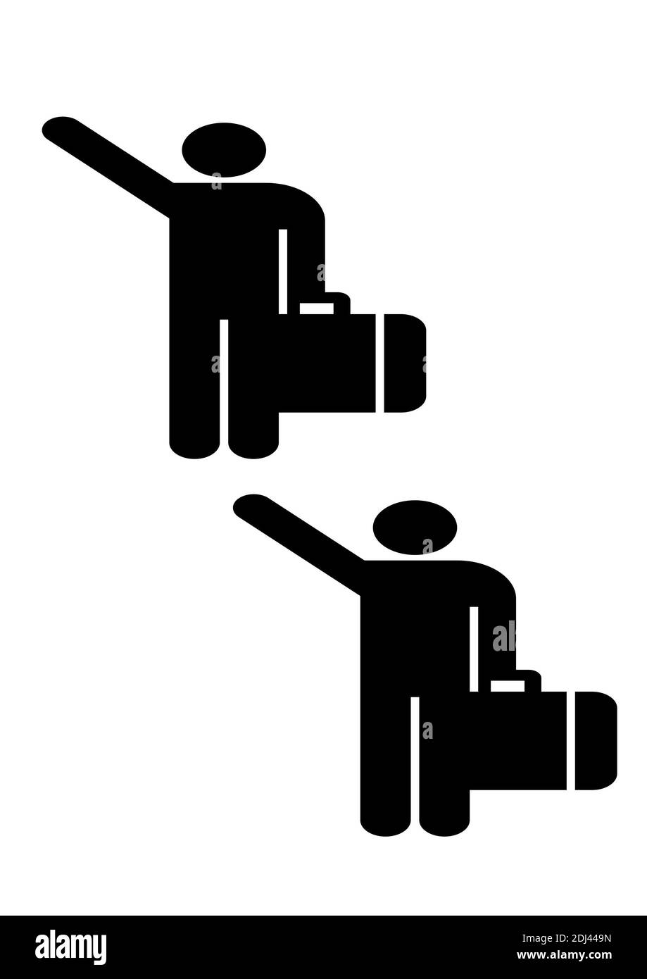 Icône d'un homme avec une valise montrant un panneau stop Banque D'Images