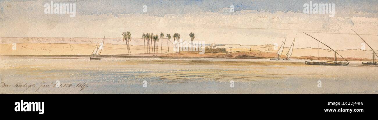 Deir Kadige, 13 h 00, 2 janvier 1867, Edward Lear, 1812–1888, British, 1867, aquarelle, graphite, stylo et encre brune sur papier à feuilles de bois beige modérément épais, rugueux, feuille: 3 1/8 x 12 5/16 pouces (7.9 x 31.3 cm), bateaux, paysage, art marin, palmiers, rivière, voiles, eau, Afrique, Égypte, Nil Banque D'Images