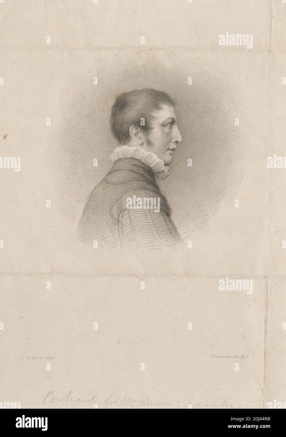 Arthur Devis, imprimé par Thomas Cheesman, 1760–1834/35, British, d'après Arthur William Devis, 1762–1822, British, non daté, gravure en crépette sur papier vélin beige modérément épais, légèrement texturé, avec colé beige chine, feuille: 10 3/16 x 6 13/16 pouces (25.9 x 17.3 cm), plaque: 9 x 6 1/2 pouces (22.8 x 16.5 cm), et image : 4 5/16 x 4 5/16 pouces (11 x 11 cm), artiste, col, veste, homme, nez, peintre, portrait, profil, ruff Banque D'Images