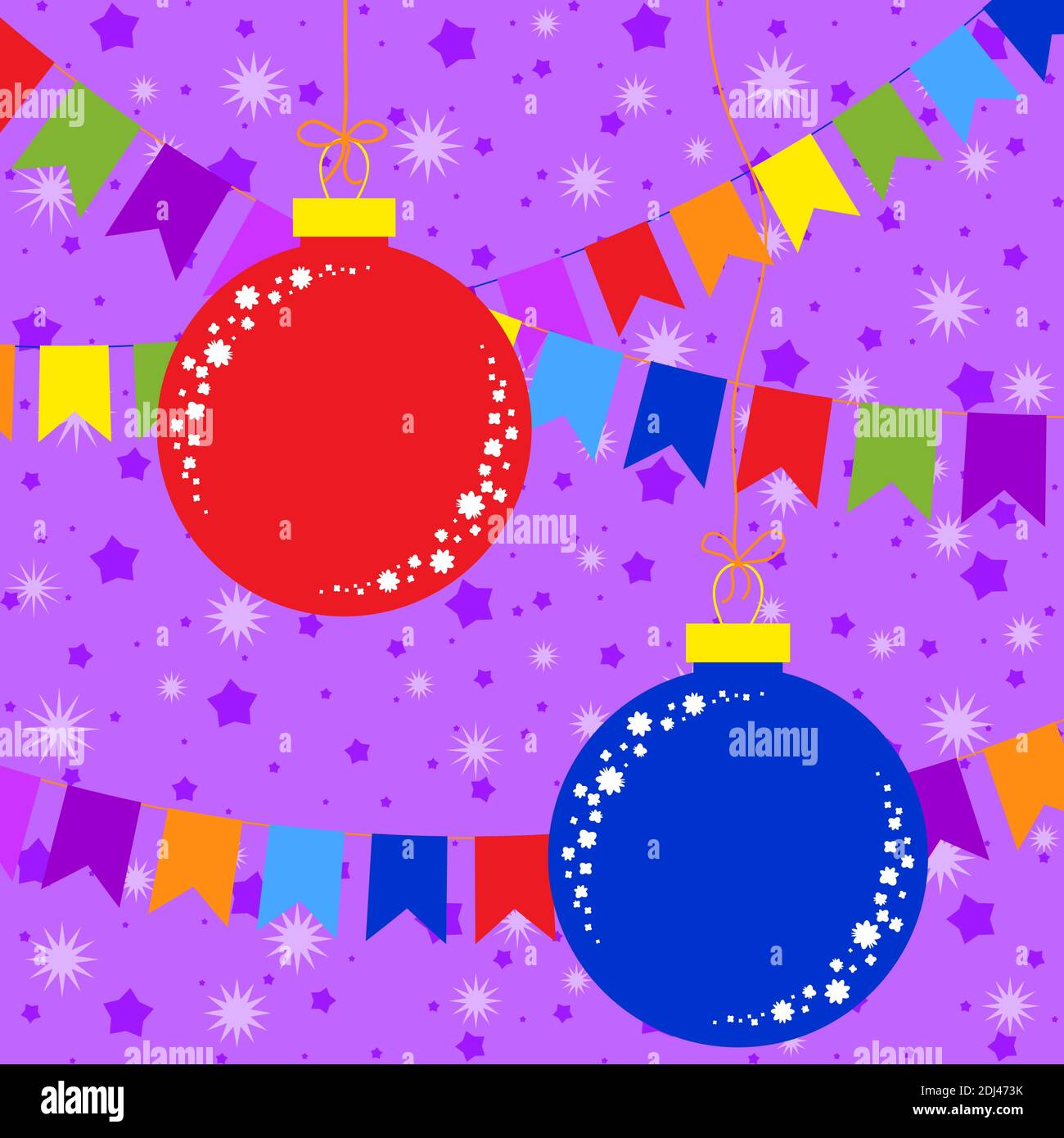 Jeu de jouets de Noël isolés de couleur plate sous forme de boules de bleu et de rouge. Sur fond d'étoiles violettes et de guirlandes de drapeaux. Conception simple Illustration de Vecteur