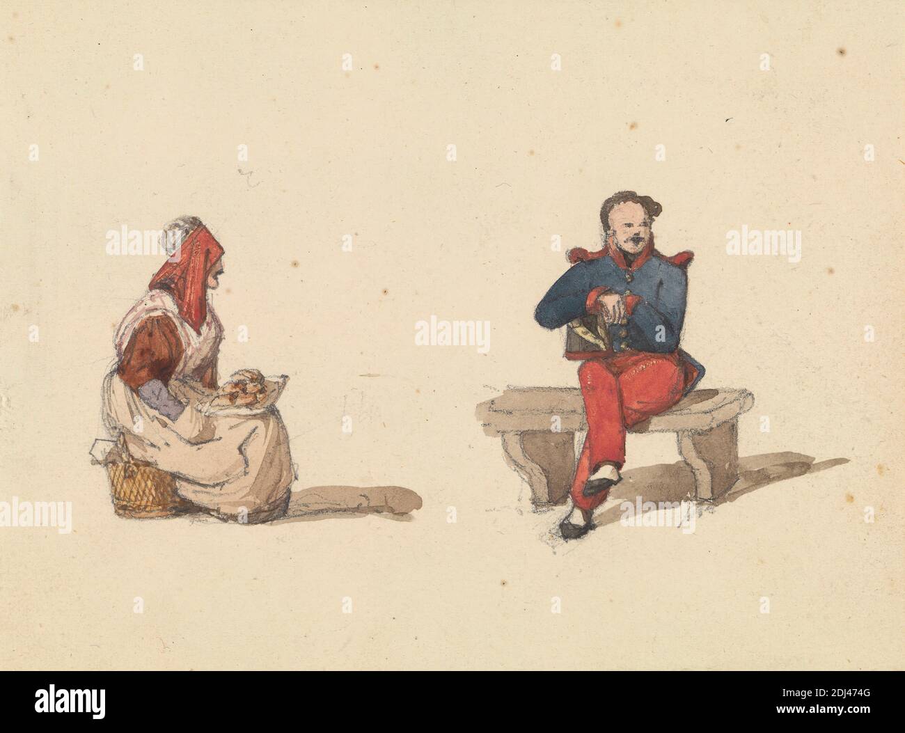 Croquis de la vie à Paris : Femme assise et Homme assise - deux dessins sur un mont, Ambrose Poynter, 1796–1886, British, ca. 1835, Aquarelle et graphite sur papier vélin moyen, légèrement texturé, feuille: 3 7/8 × 5 1/4 pouces (9.8 × 13.3 cm), banc, boutons (attaches), robe, épaulettes, genre sujet, foulard, homme, paysans, assis, shako, spats, plateau, uniforme, femme, Europe, France, Paris, Île-de-France Banque D'Images