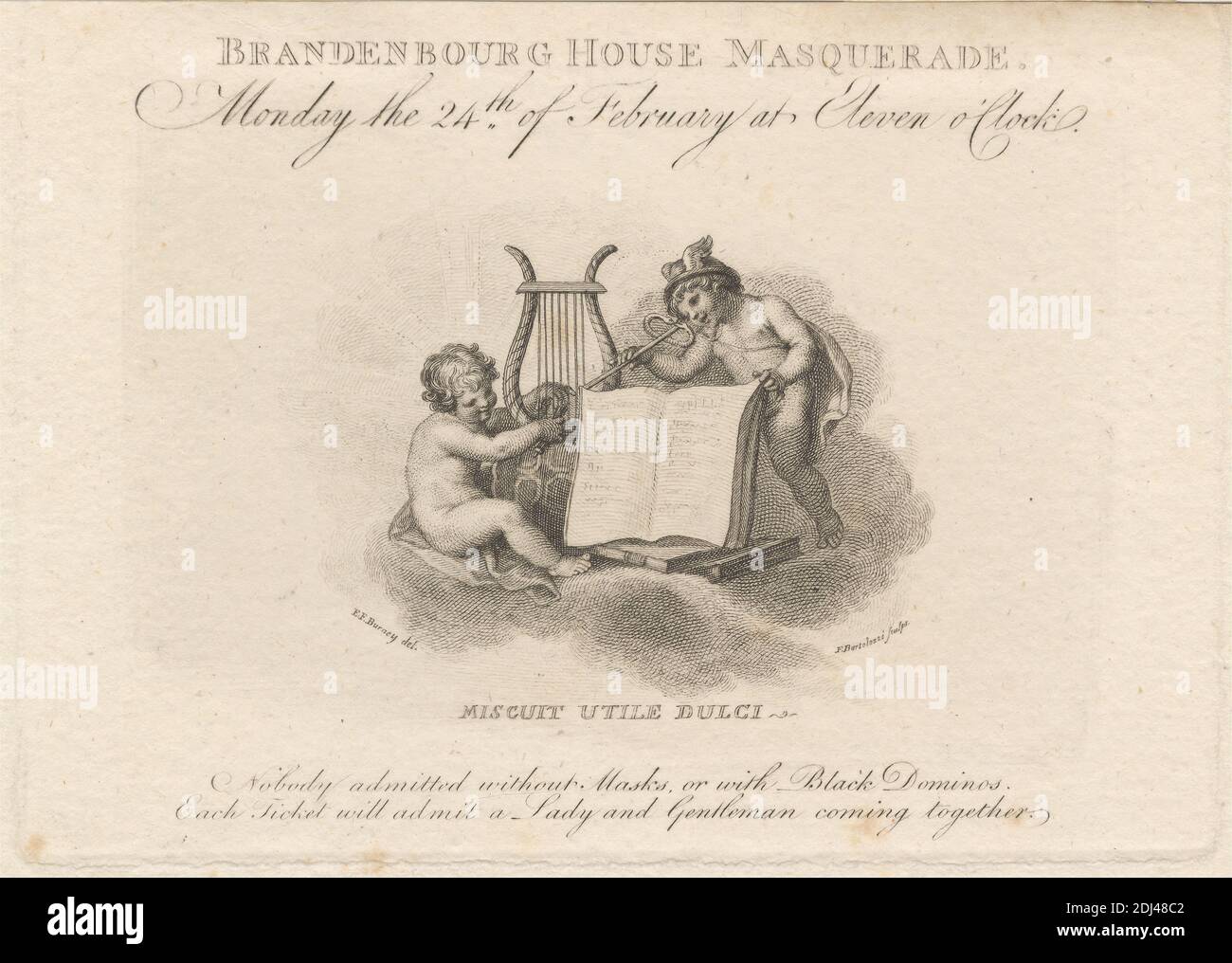Billet pour la maison de Brandenbourg Masquerade, Francesco Bartolozzi RA, 1728–1815, italien, actif en Grande-Bretagne (1764–99), après Edward Francis Burney, 1760–1848, britannique, ca. 1797, décapage et gravure au trait sur du papier à feuilles moyennes, légèrement texturées, crème, feuille: 4 7/8 x 6 3/8 pouces (12.4 x 16.2 cm), plaque: 4 1/4 x 6 pouces (10.8 x 15.2 cm), et image: 2 3/8 x 3 1/4 pouces (6 x 8.3 cm) Banque D'Images