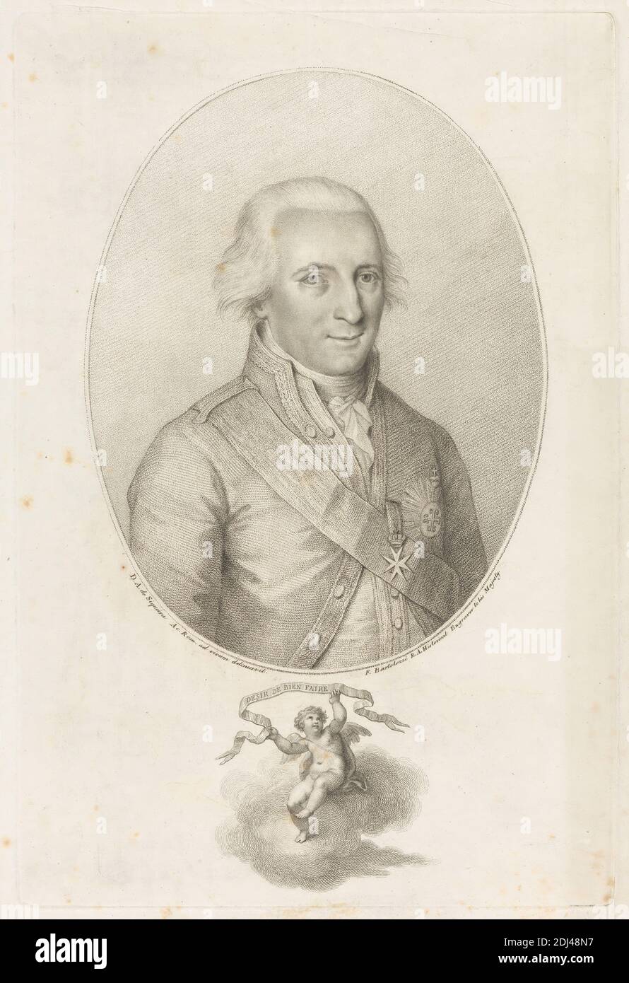 Chevalier Pinto, imprimé réalisé par Francesco Bartolozzi RA, 1728–1815, italien, actif en Grande-Bretagne (1764–99), d'après Domingos Antonio de Sequeira, 1768–1837, portugais, avant 1797, gravure et gravure à l'aide d'un pli sur papier vélin moyen, légèrement texturé, crème, feuille: 15 15/16 x 10 7/8 pouces (40.5 x 27.7 cm), plaque: 13 3/8 x 8 7/8 pouces (33.9 x 22.5 cm), et image : 9 1/16 x 6 15/16 pouces (23 x 17.6 cm), bannière, enfant, nuages, manteau, costume, cravat, chevaliers, homme, médailles, ovales, pendentifs (bijoux), politicien, portrait, portugais, premiers ministres, putto, ceinture, gilet, ailes Banque D'Images