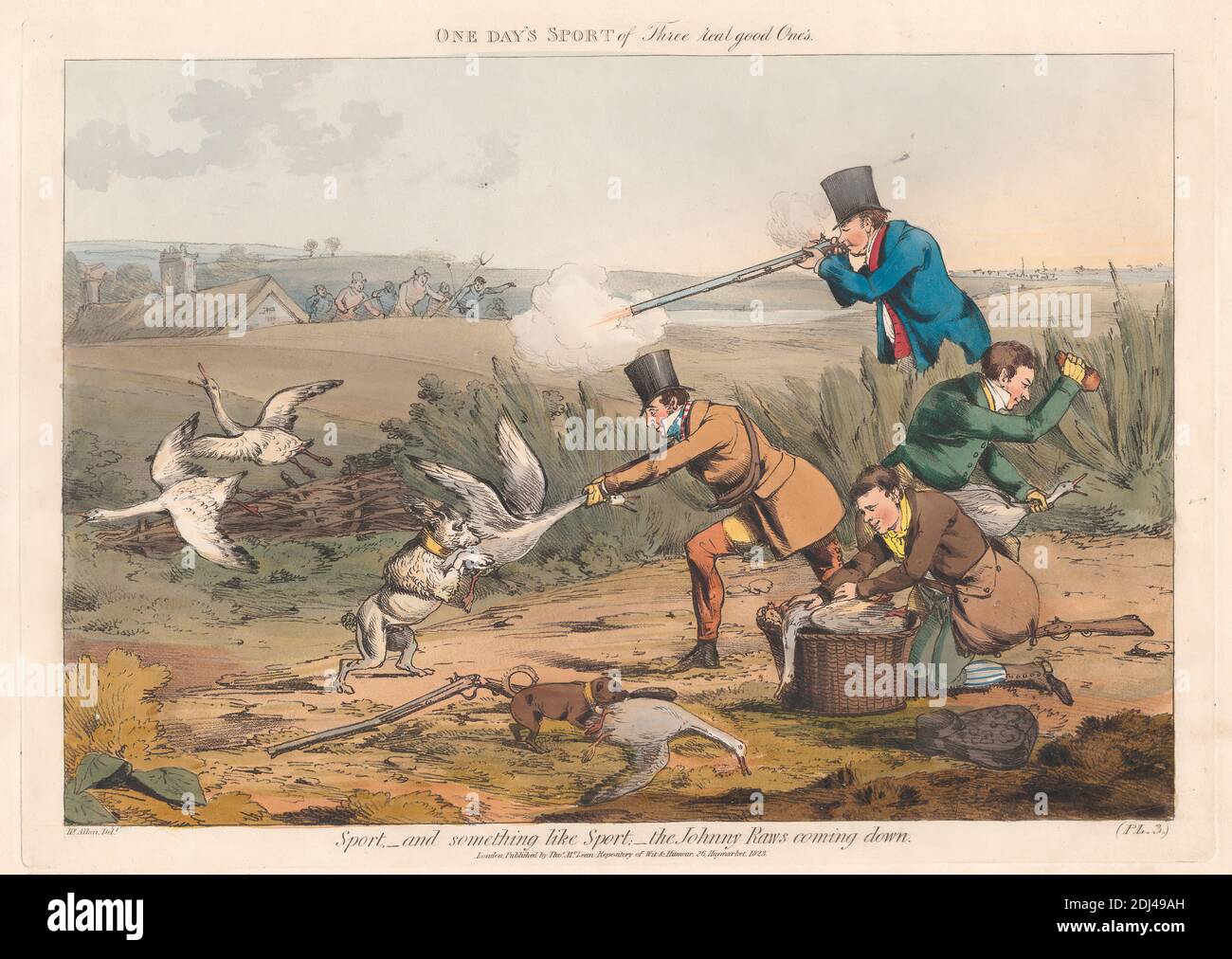 Jeu de six avec emballage imprimé, et page de titre : tournage, ou le sport d'un jour de trois vrais bons, Henry Thomas Alken, 1785–1851, britannique, 1823, gravure douce de couleur main, feuille : 9 3/4 x 13 3/4po. (24.8 x 34,9 cm Banque D'Images