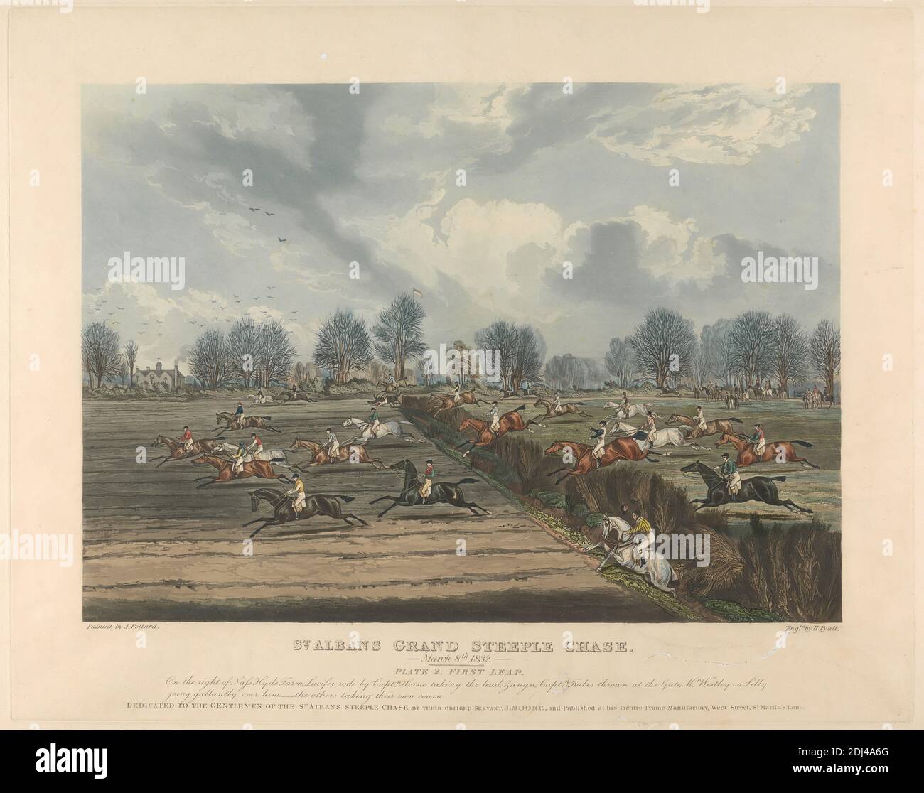 Ensemble de six personnes à la poursuite de steeple : St. Albans Grand Steeple Chase. / 8 mars 1832. Plaque 2. Premier Leap ..., Henry Pyall, 1795–1833, britannique, après James Pollard, 1792–1867, britannique, 1832, Aquatint imprimé en couleurs, sauf pour le ciel de couleur main, feuille: 15 3/4 x 19 7/8in. (40 x 50,5 cm Banque D'Images