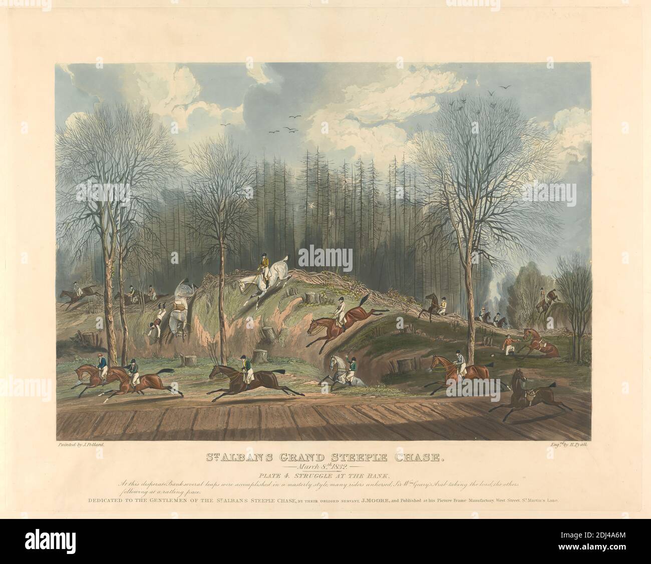 Ensemble de six personnes à la poursuite de steeple : St. Albans Grand Steeple Chase. / 8 mars 1832. Tôle 4. Lutte à la Banque ..., Henry Pyall, 1795–1833, Britannique, après James Pollard, 1792–1867, Britannique, 1832, Aquatint imprimé en couleurs, sauf pour le ciel de couleur main, feuille: 15 3/4 x 19 7/8in. (40 x 50,5 cm Banque D'Images