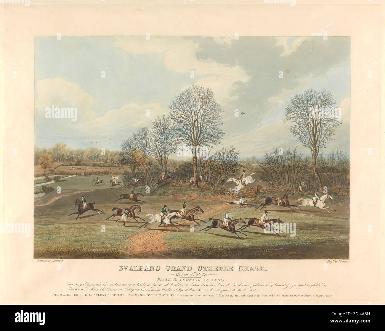 Ensemble de six personnes à la poursuite de steeple : St. Albans Grand Steeple Chase. / 8 mars 1832. Tôle 3. Turning an angle..., Charles Bentley, 1806–1854, British, d'après James Pollard, 1792–1867, British, 1832, Aquatint imprimé en couleurs, sauf pour le ciel de couleur main, feuille: 15 3/4 x 19 7/8in. (40 x 50,5 cm Banque D'Images
