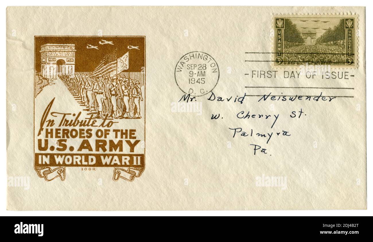 Washington D.C., les Etats-Unis, 28 septembre 1945: ENVELOPPE historique DES ETATS-UNIS: Couverture avec un cachet patriotique en hommage aux héros de l'armée américaine dans la Seconde Guerre mondiale Banque D'Images