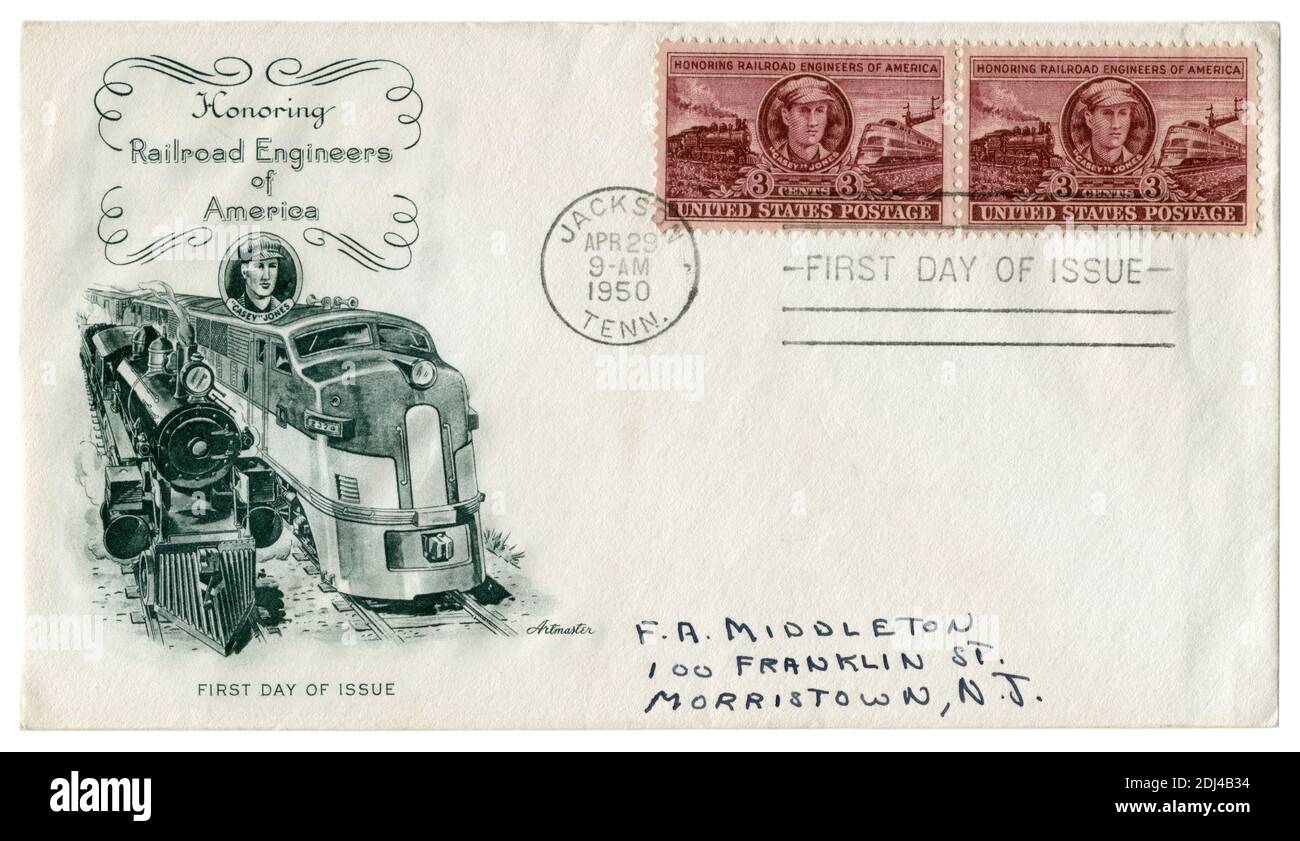 Jakson, Tennessee, États-Unis, 29 avril 1950 : ENVELOPPE historique DES ÉTATS-UNIS : honorer les ingénieurs du chemin de fer d'Amérique, locomotive à vapeur et diesel, timbre-poste Banque D'Images