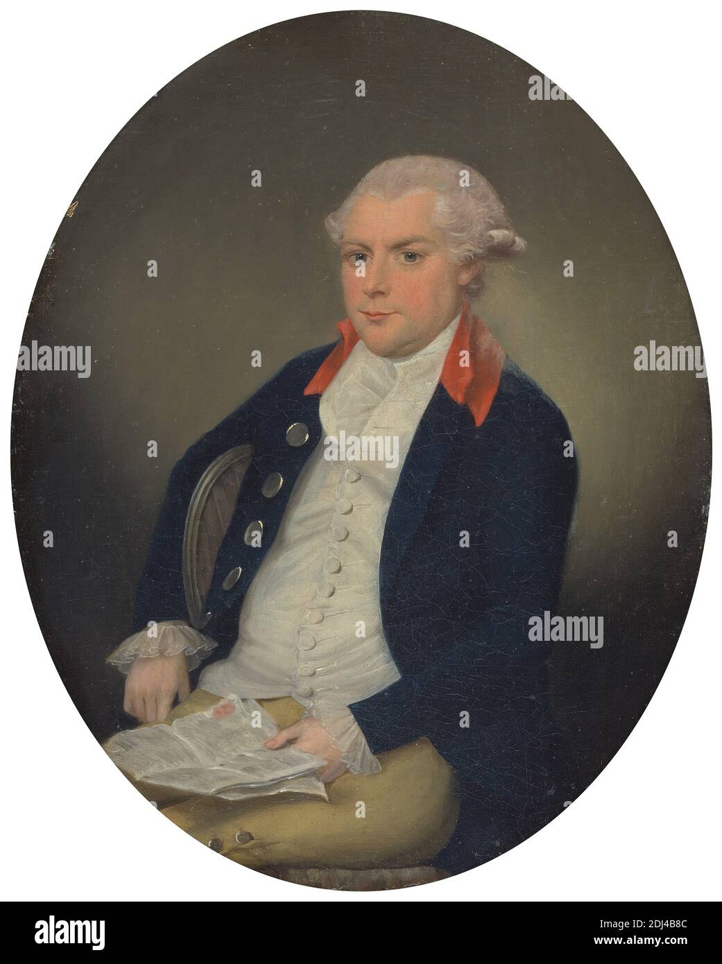 William Wheatley, Francis Alleyne, active 1774–1790, British, 1786, huile sur toile, support (PTG): 14 1/2 x 11 1/2 pouces (36.8 x 29.2 cm), chaise, costume, homme, ovale, portrait Banque D'Images