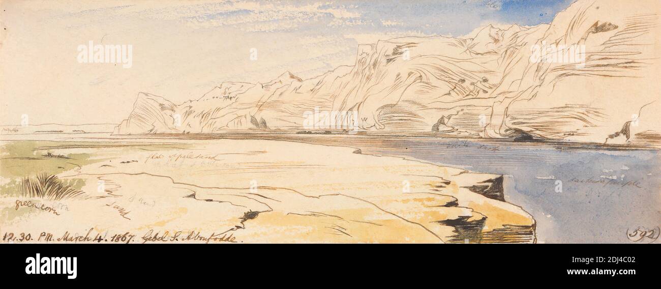 Gebel Sheikh Abu Fodde, 12:30, 4 mars 1867 (592), Edward Lear, 1812–1888, British, 1867, aquarelle, stylo et encre brune, et graphite sur papier épais, rugueux, crème à feuilles : 3 5/8 × 9 7/8 pouces (9.2 × 25.1 cm), falaises, paysage, rivière, rivière, rochers (formes terrestres), ciel, végétation, eau, Afrique, Egypte, Nil Banque D'Images