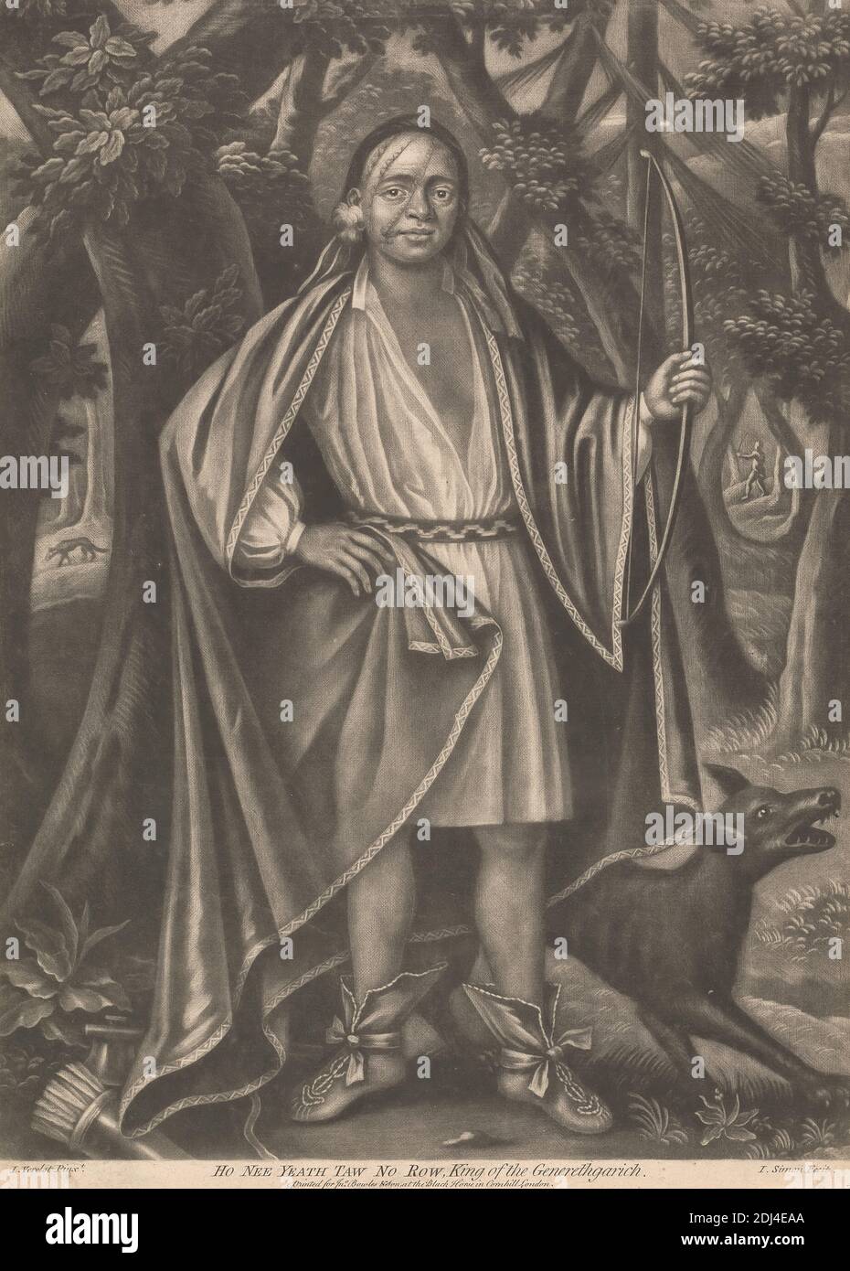 Portraits de quatre rois indiens du Canada : Ho Nee Yeath Taw No Row, roi du Generethgarich, John Simon, 1675–1755, français, d'après Johannes Verelst, 1648?–active1719, néerlandais, c. 1755, Mezzotint, troisième état, feuille : 13 3/4 x 9 7 cm (34.9 x 25,1 cm Banque D'Images