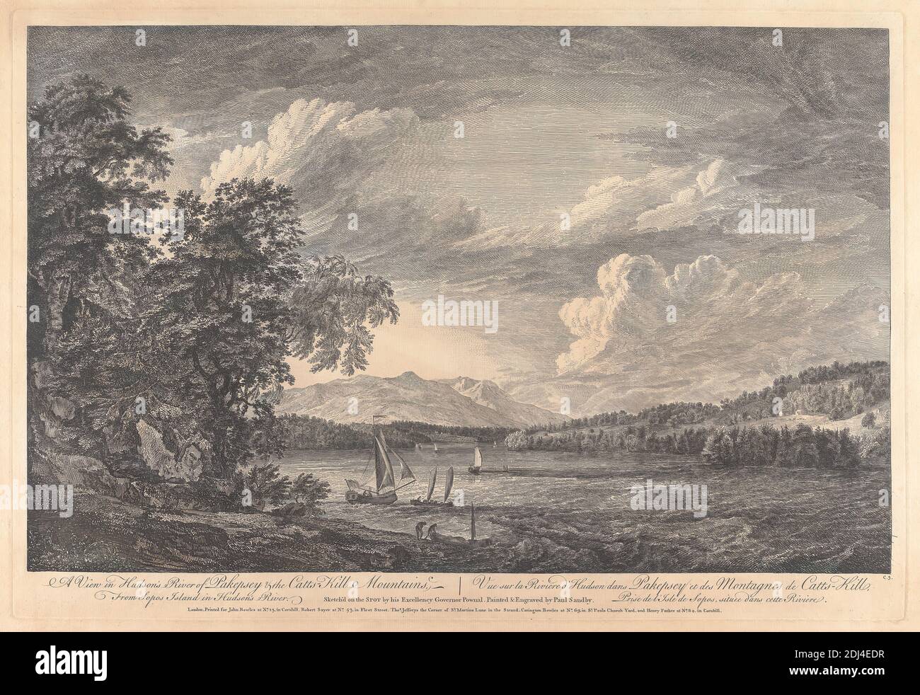 A View in Hudson's River of Pakepsey & the Catts-Kill Mountains, from Sopos Island in Hudson's River, Print Made by Paul Sandby RA, 1731–1809, British, After Paul Sandby RA, 1731–1809, British, After drawing by Thomas Pownall, 1722–1805, British, publié par John Bowles, 1701–1779, British, publié par Carington, 1724–1793 Publié par Robert Sayer, 1725–1794, British, publié par Henry Parker, 1725–1809, British, 1768, Etching et gravure de lignes sur papier crème moyen, légèrement texturé, feuille: 16 3/4 × 23 3/8 pouces (42.5 × 59.4 cm), plaque: 14 1/4 × 20 7/8 pouces (36 Banque D'Images