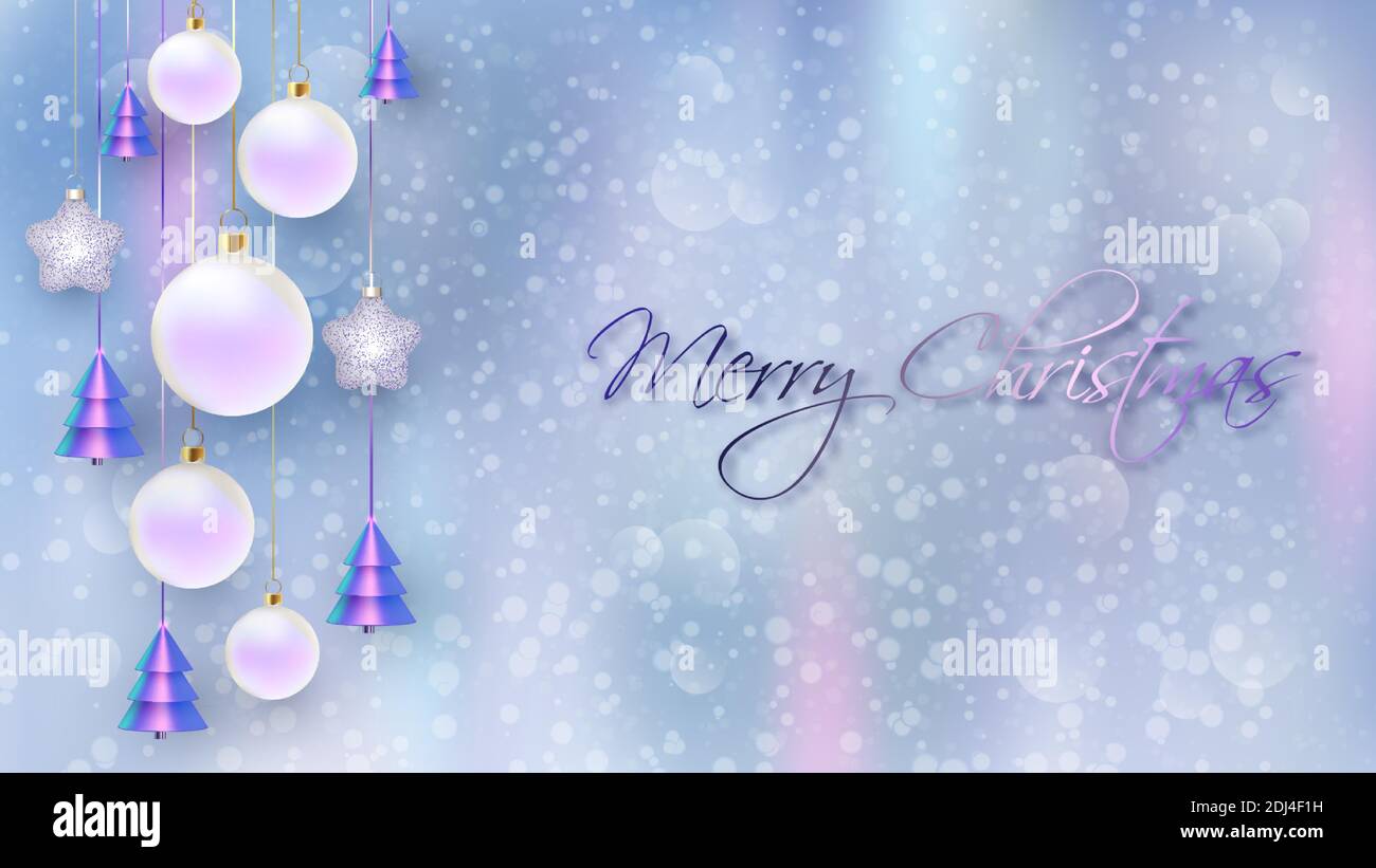 Bonne Année. Motif de Noël avec boules décoratives et arrière-plan flou. Carte cadeau des fêtes, affiche des fêtes, bannière Web, en-tête pour Illustration de Vecteur
